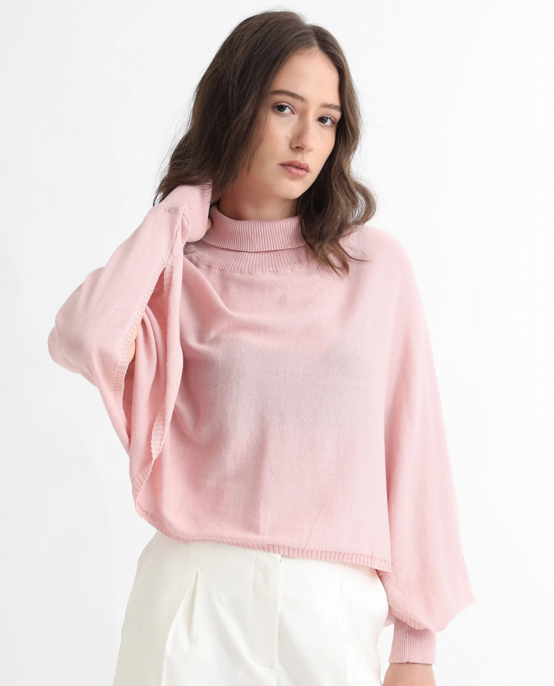Rareism Women's Modem Pink Cotton High Neck Plain Volume Sleeve Relaxed Fit Sweater - Image 3