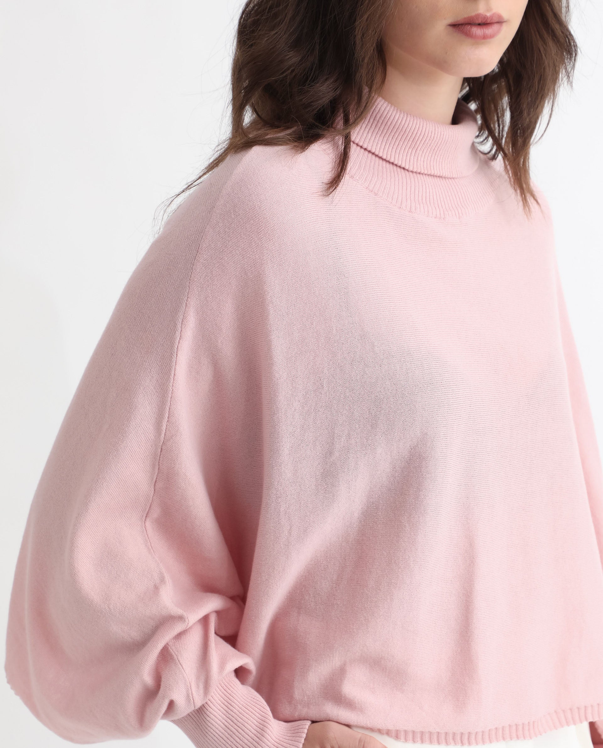 Rareism Women's Modem Pink Cotton High Neck Plain Volume Sleeve Relaxed Fit Sweater - Image 4