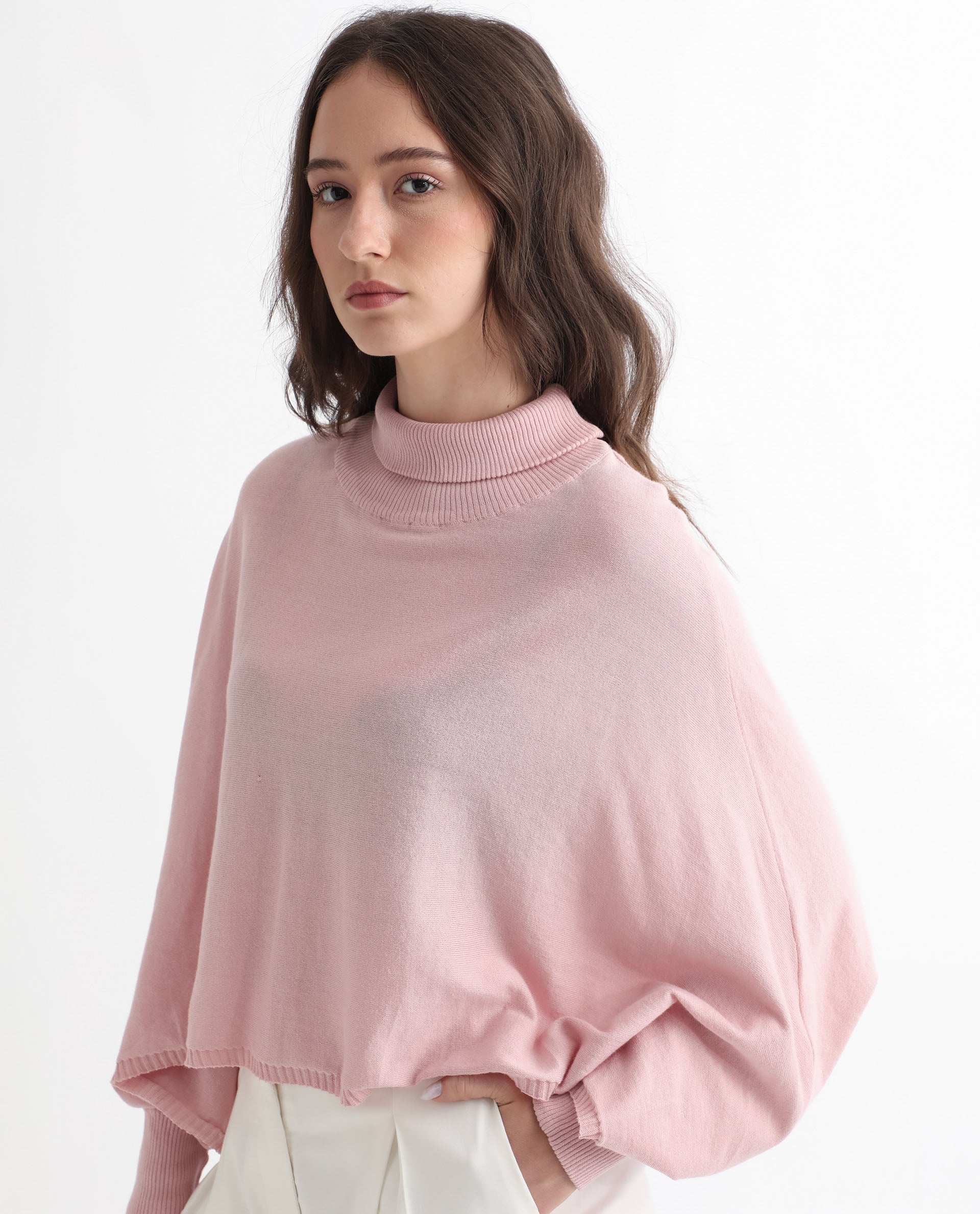 Rareism Women's Modem Pink Cotton High Neck Plain Volume Sleeve Relaxed Fit Sweater - Image 6