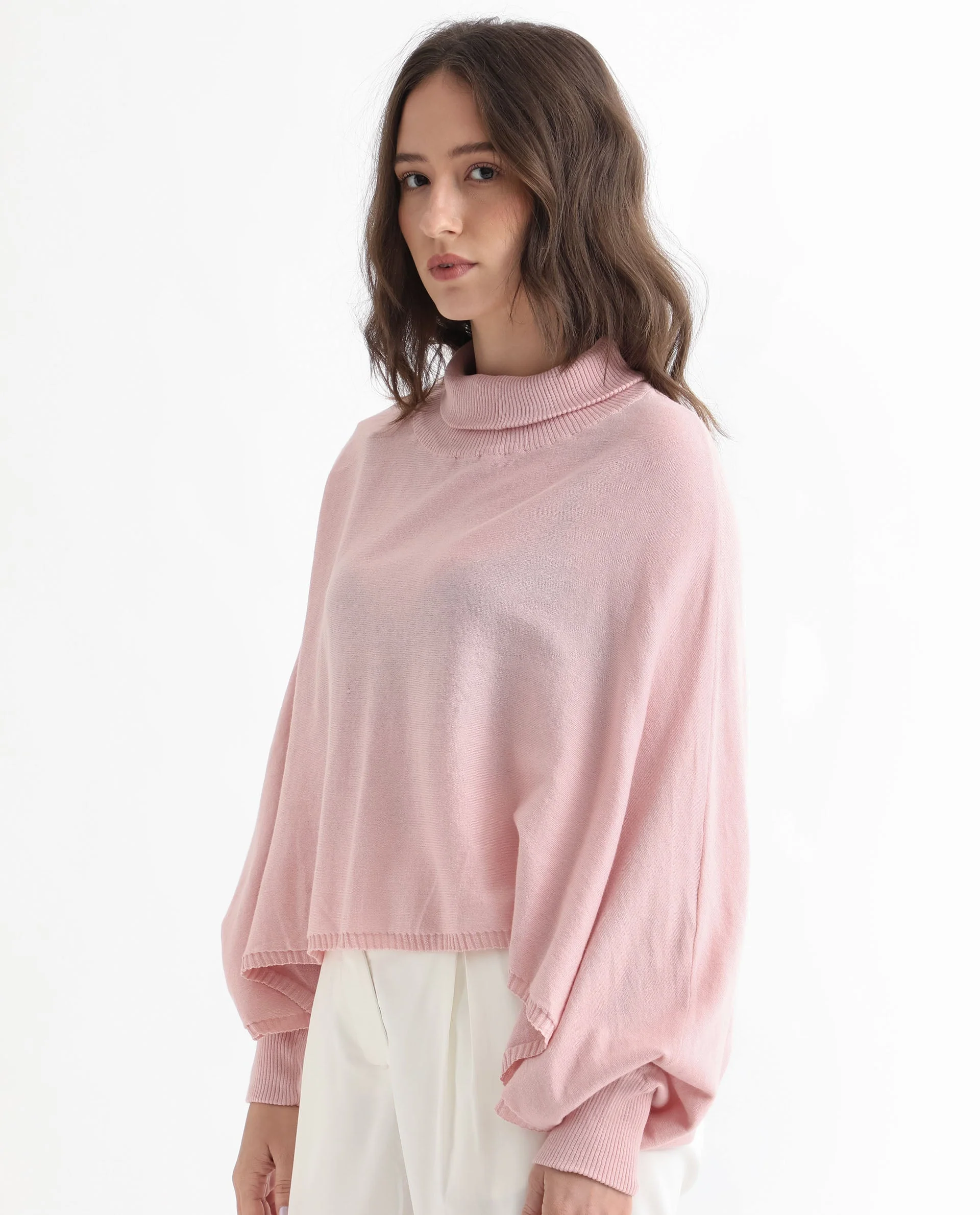 Rareism Women's Modem Pink Cotton High Neck Plain Volume Sleeve Relaxed Fit Sweater - Image 7