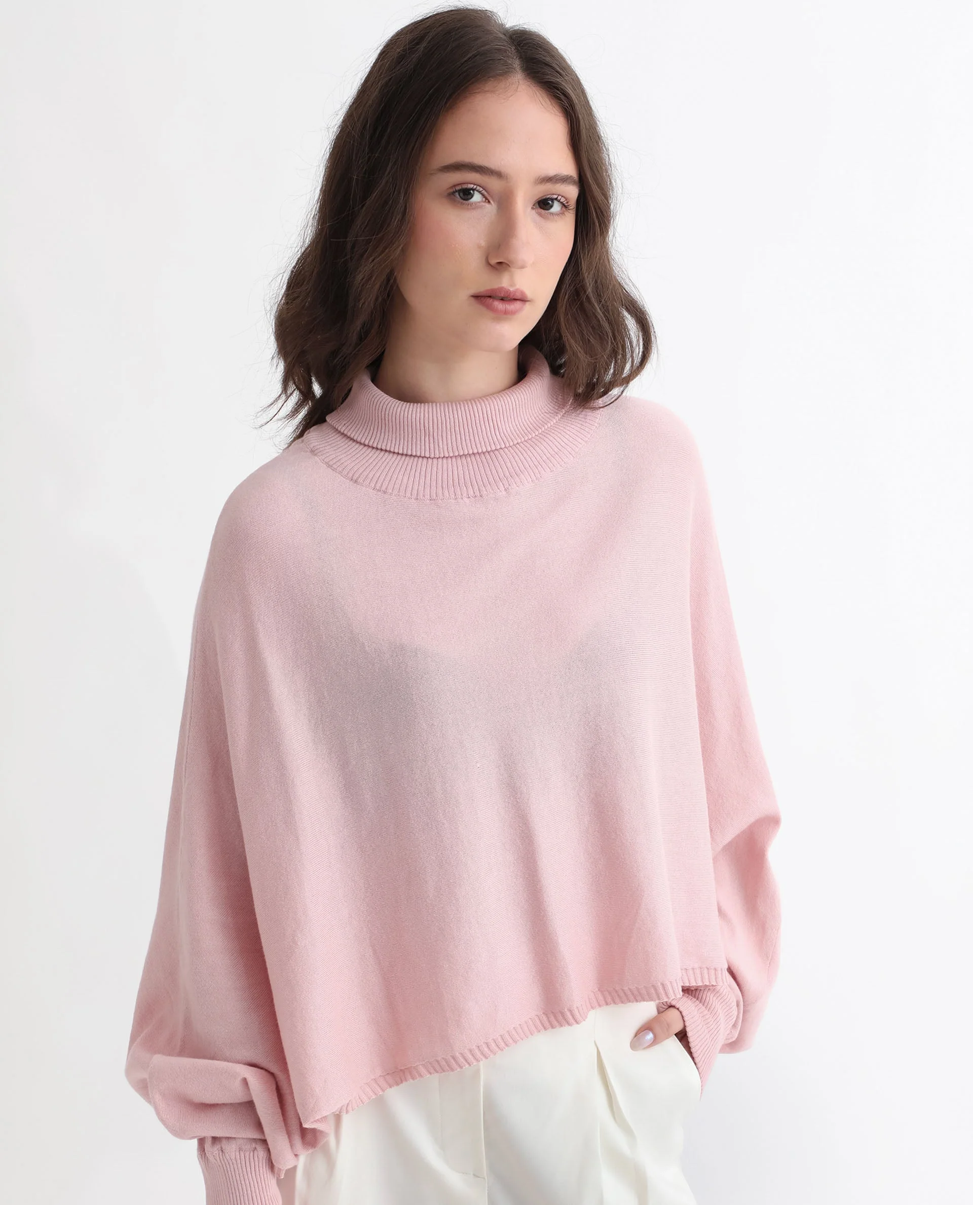 Rareism Women's Modem Pink Cotton High Neck Plain Volume Sleeve Relaxed Fit Sweater - Image 8