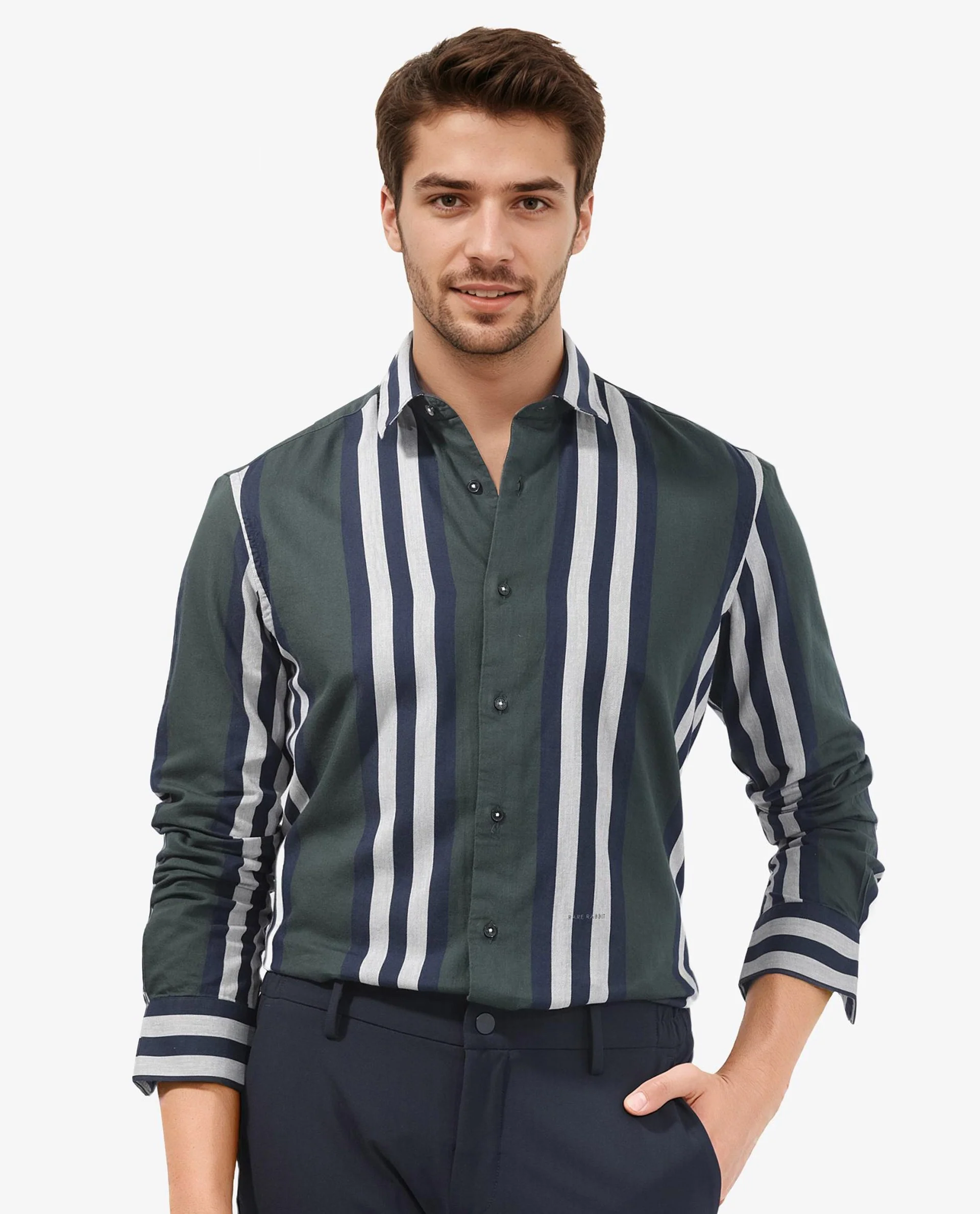 Rare Rabbit Men's Modena Dark Green Cotton Striped Print Regular Fit Full Sleeve Collared Shirt