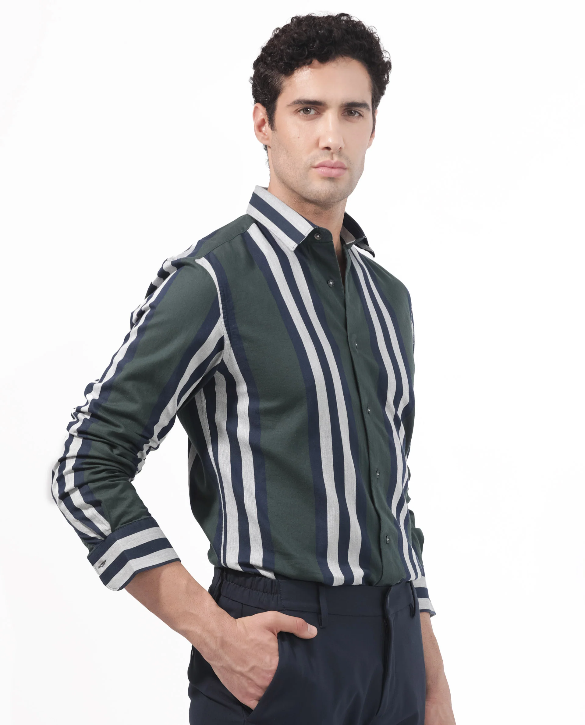 Rare Rabbit Men's Modena Dark Green Cotton Striped Print Regular Fit Full Sleeve Collared Shirt - Image 10