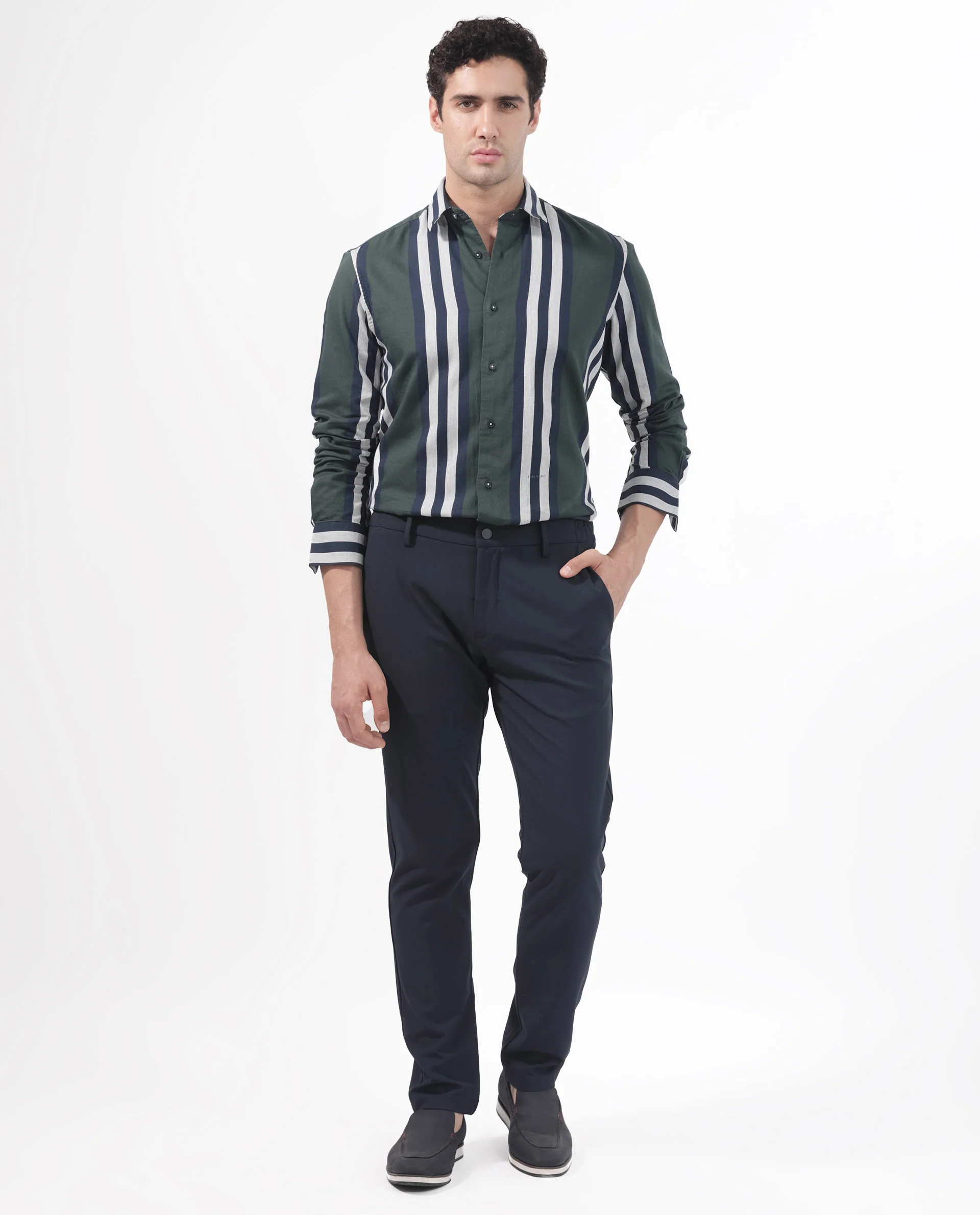 Rare Rabbit Men's Modena Dark Green Cotton Striped Print Regular Fit Full Sleeve Collared Shirt - Image 2