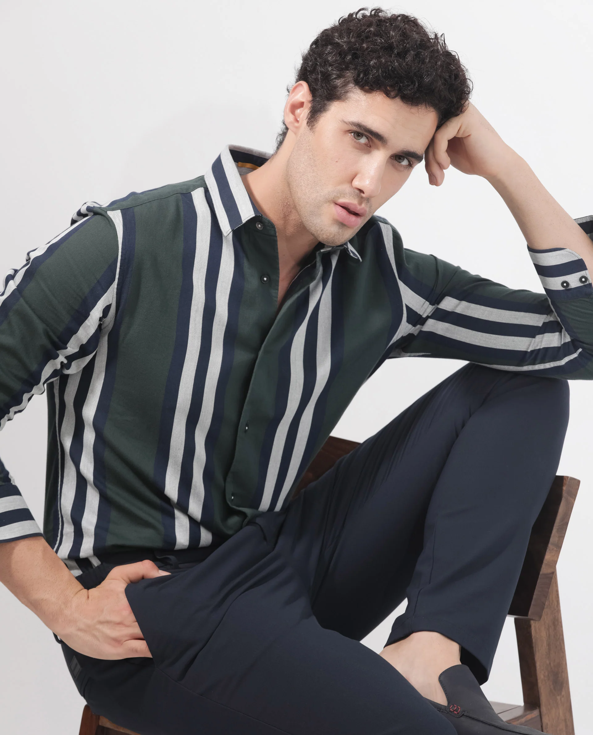 Rare Rabbit Men's Modena Dark Green Cotton Striped Print Regular Fit Full Sleeve Collared Shirt - Image 3