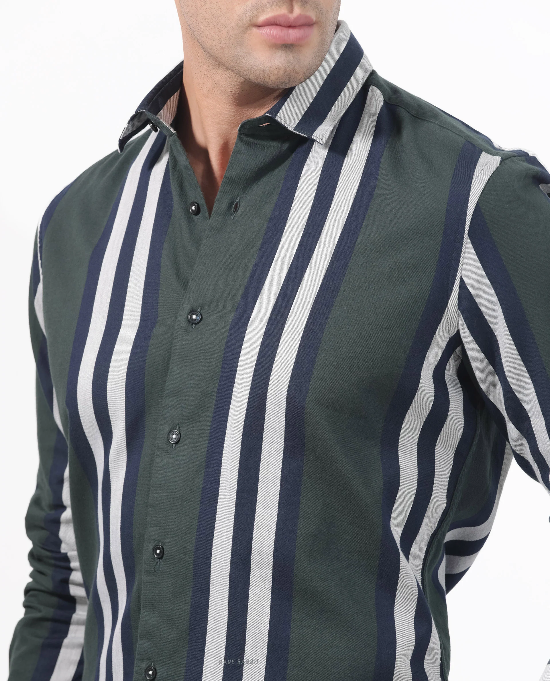 Rare Rabbit Men's Modena Dark Green Cotton Striped Print Regular Fit Full Sleeve Collared Shirt - Image 5