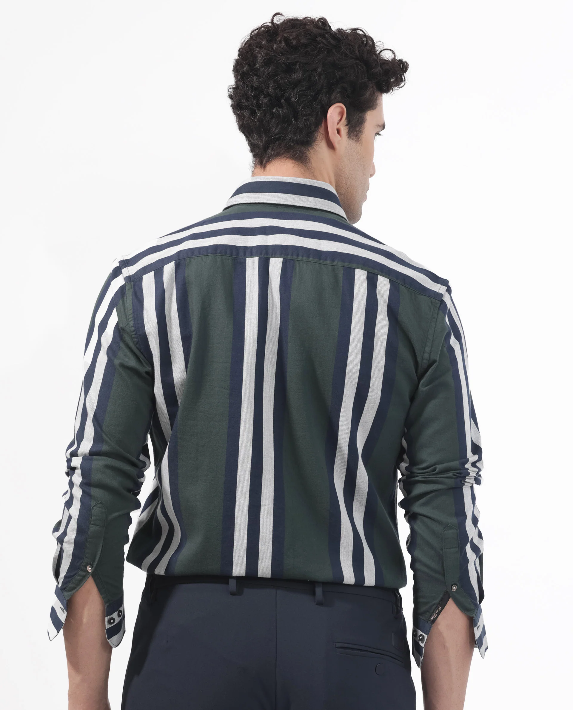 Rare Rabbit Men's Modena Dark Green Cotton Striped Print Regular Fit Full Sleeve Collared Shirt - Image 7