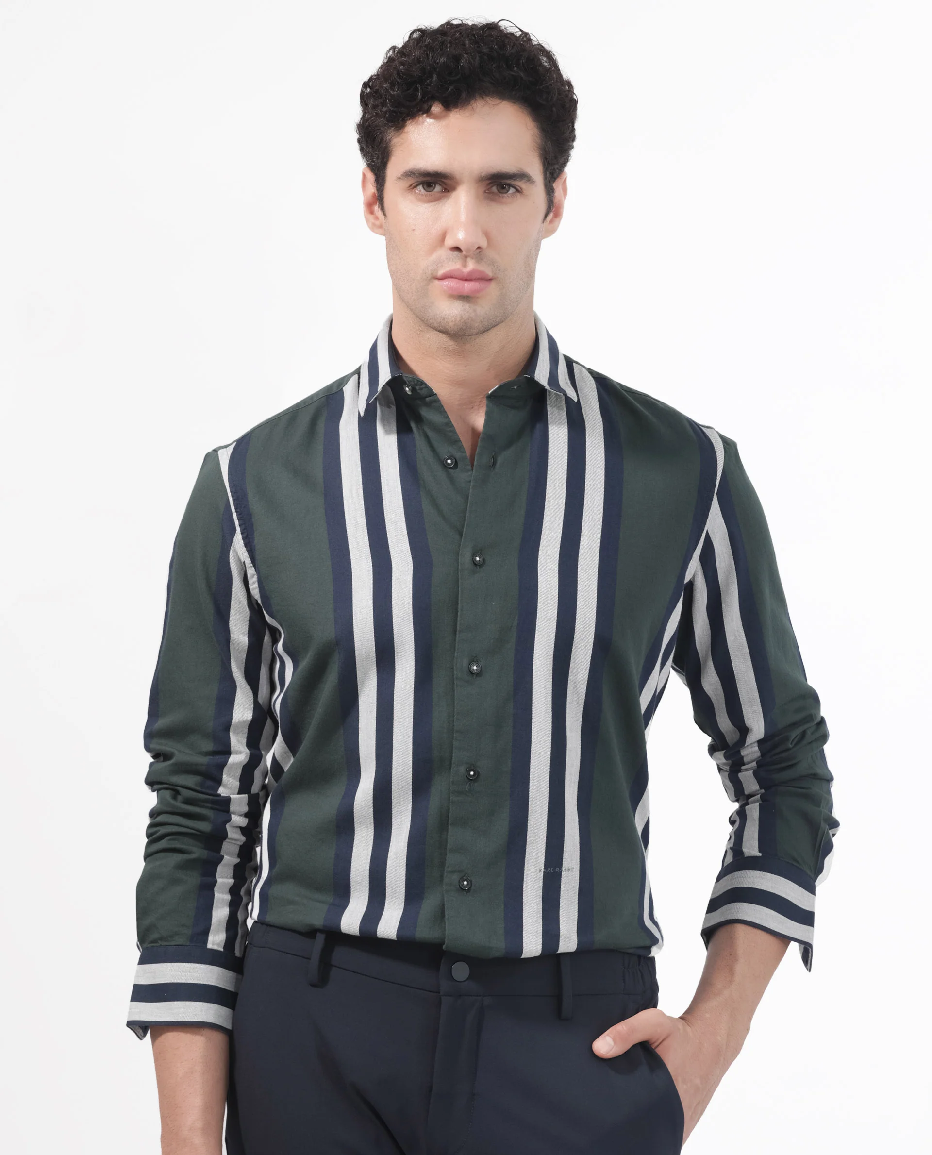 Rare Rabbit Men's Modena Dark Green Cotton Striped Print Regular Fit Full Sleeve Collared Shirt - Image 8