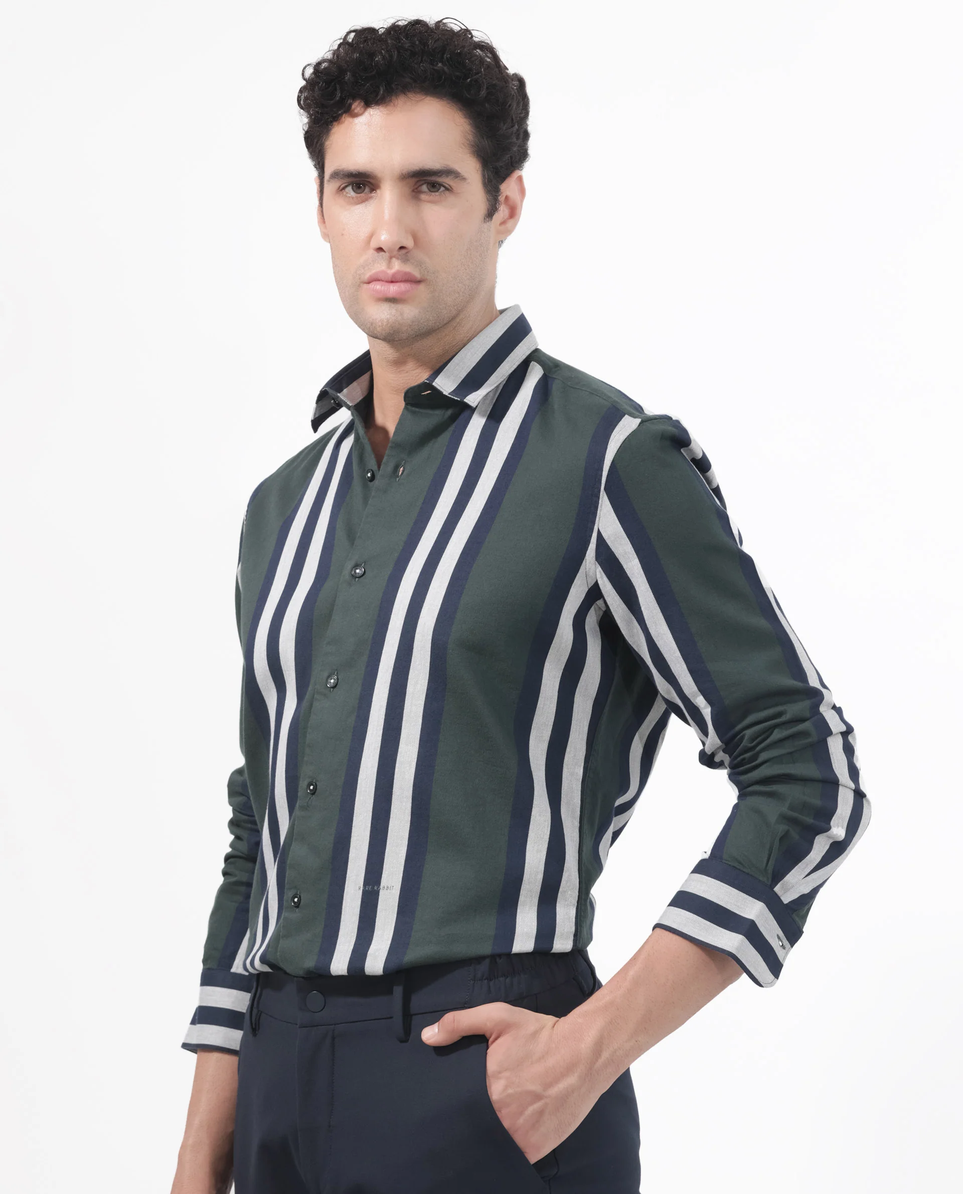 Rare Rabbit Men's Modena Dark Green Cotton Striped Print Regular Fit Full Sleeve Collared Shirt - Image 9