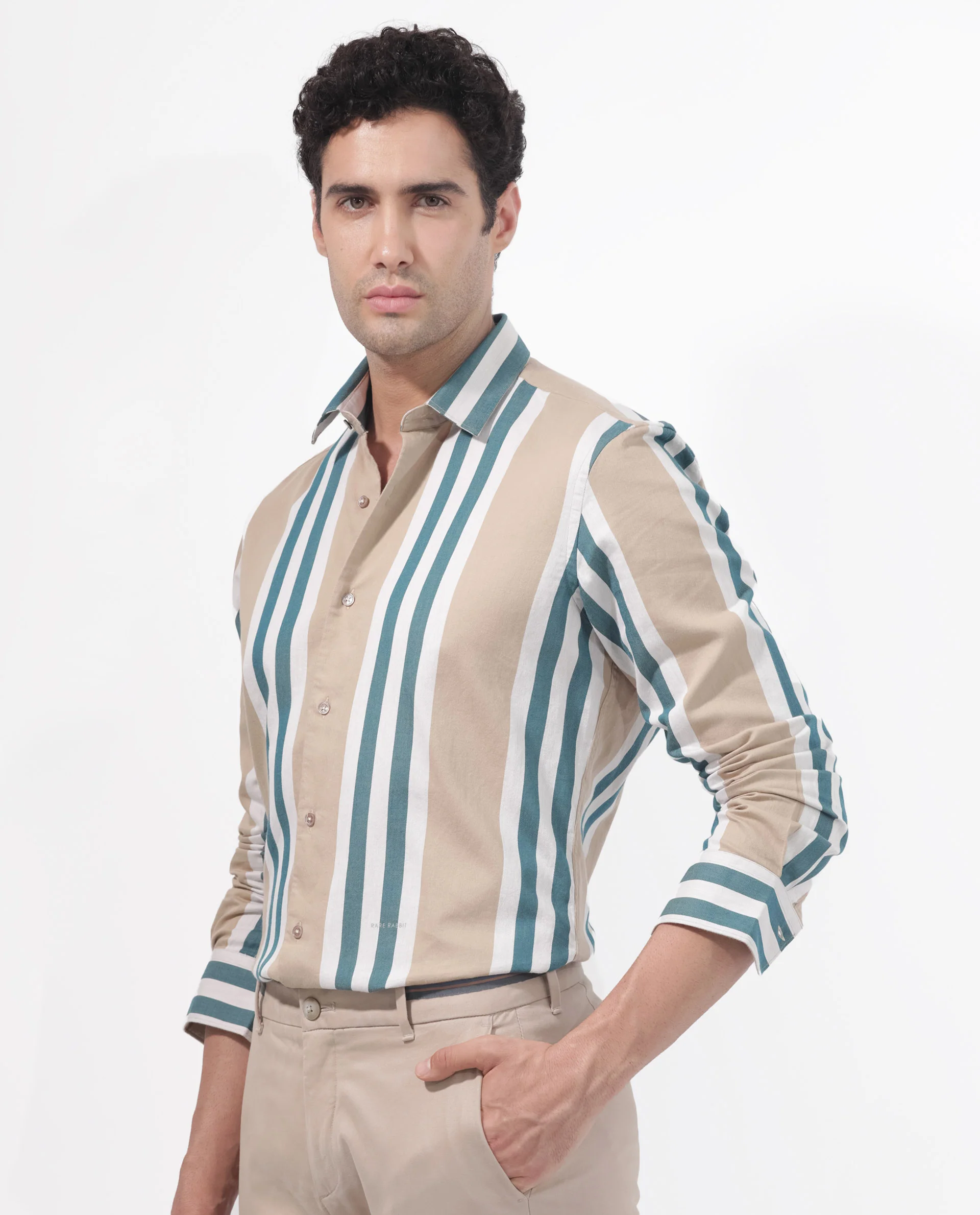 Rare Rabbit Men's Modena Light Brown Cotton Striped Print Regular Fit Full Sleeve Collared Shirt - Image 11