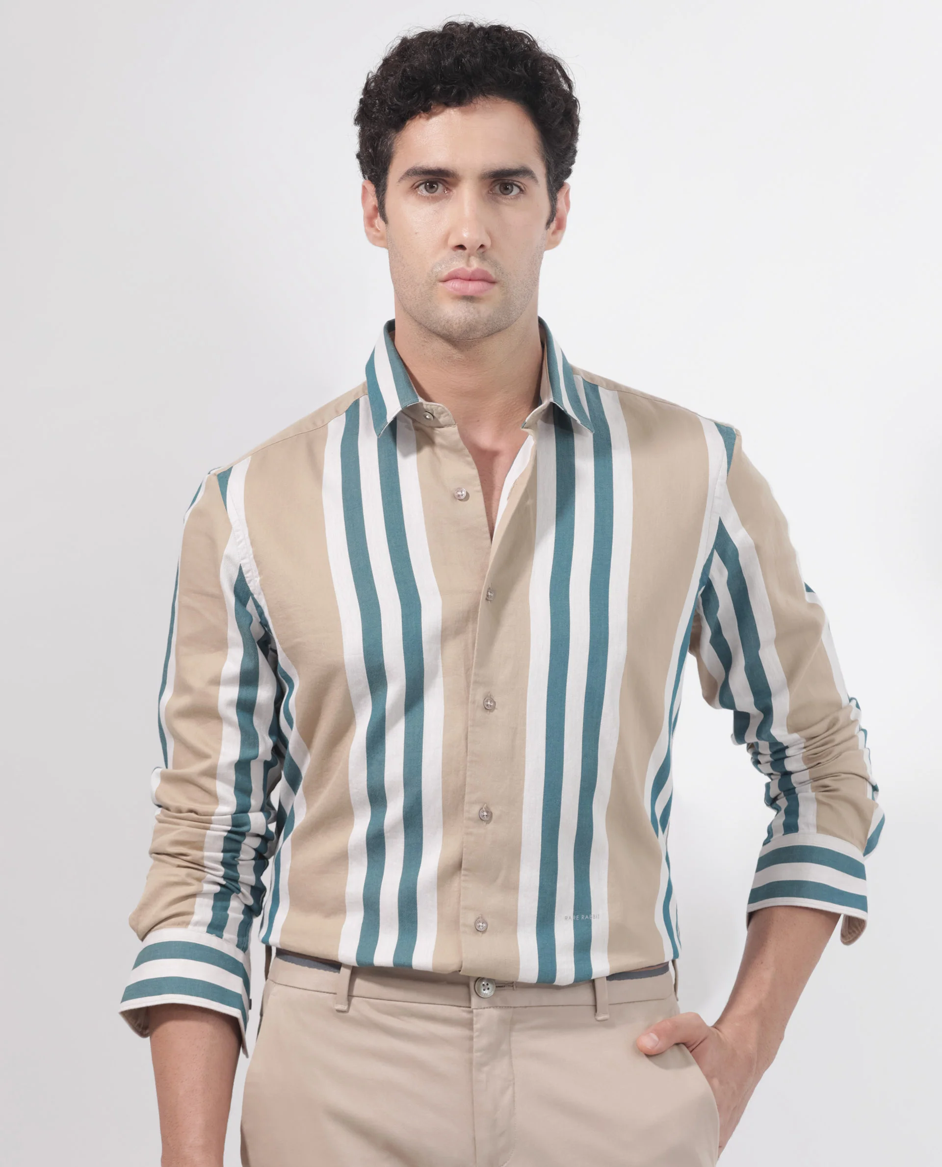 Rare Rabbit Men's Modena Light Brown Cotton Striped Print Regular Fit Full Sleeve Collared Shirt - Image 2