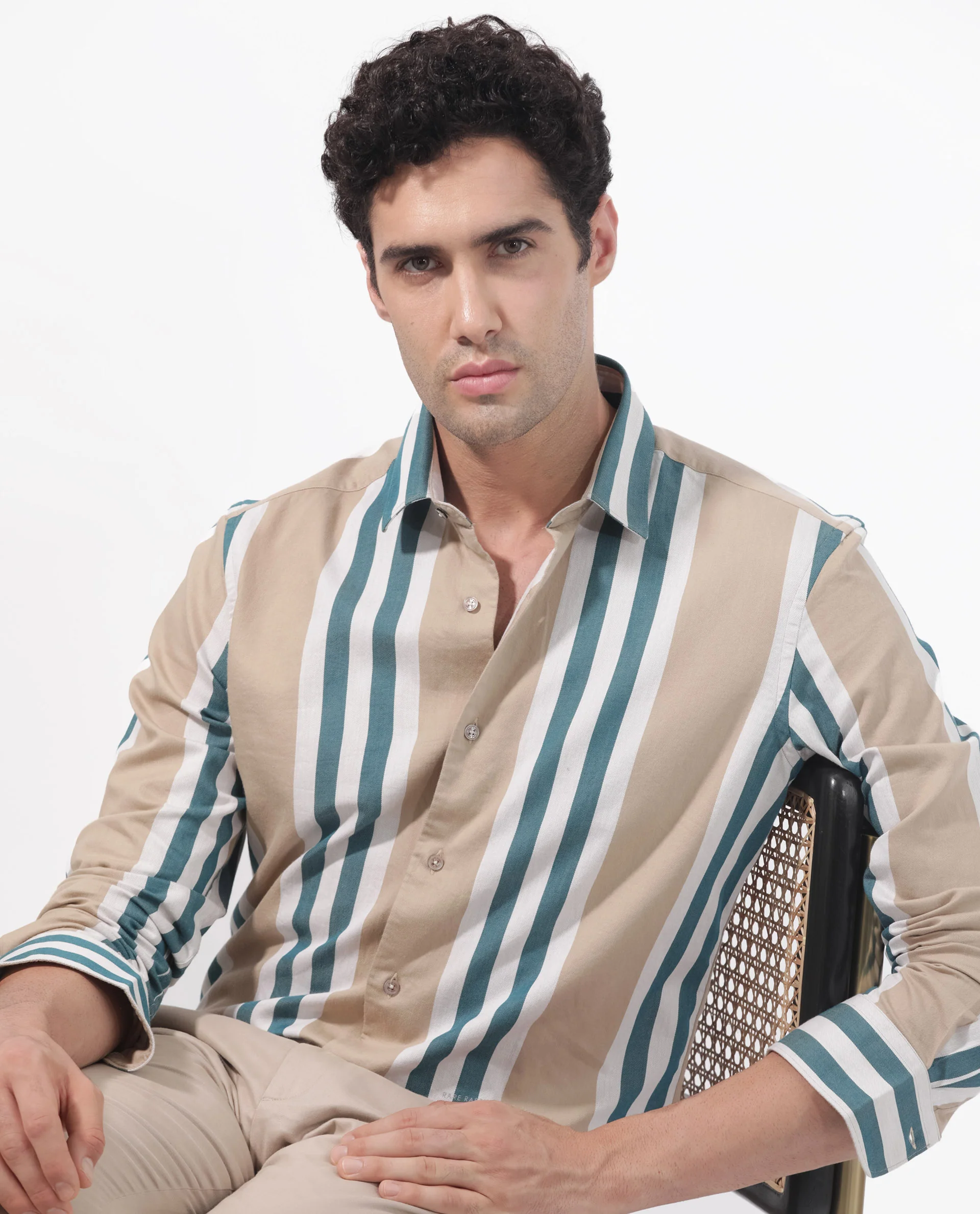 Rare Rabbit Men's Modena Light Brown Cotton Striped Print Regular Fit Full Sleeve Collared Shirt - Image 4
