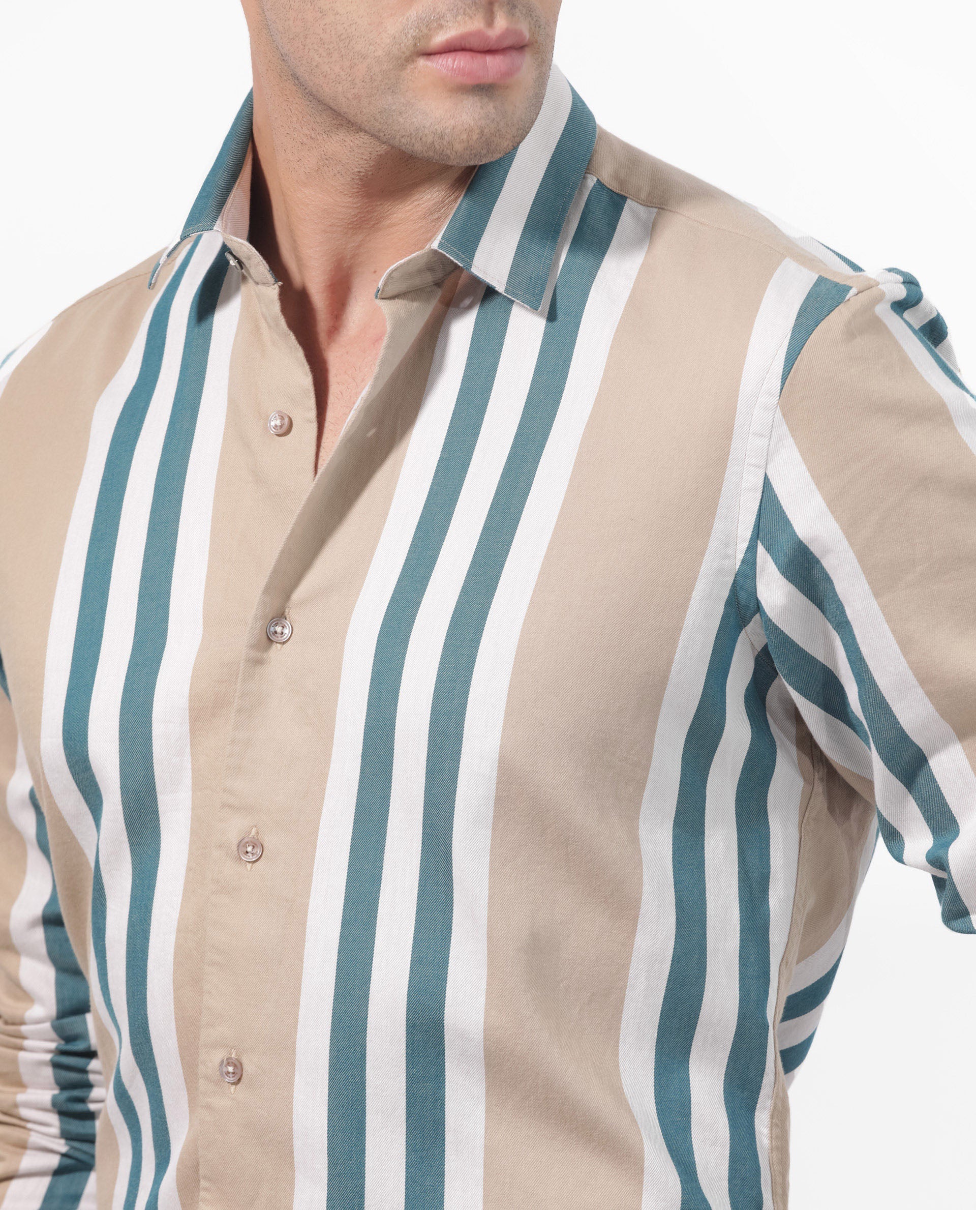 Rare Rabbit Men's Modena Light Brown Cotton Striped Print Regular Fit Full Sleeve Collared Shirt - Image 6
