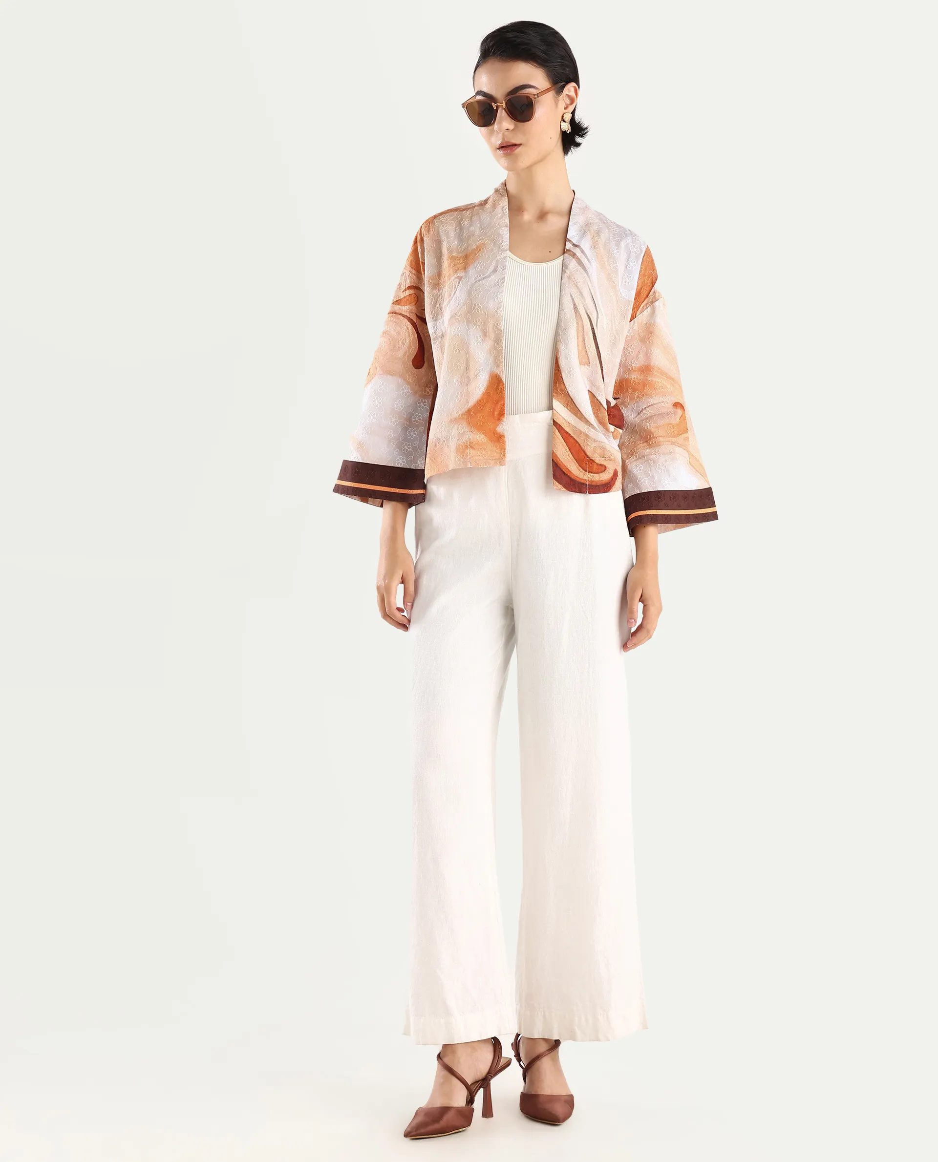 Rareism Women's Modena Light Brown Cotton Shawl Collar Abstract Print Bell Sleeve Crop Regular Fit Top - Image 2
