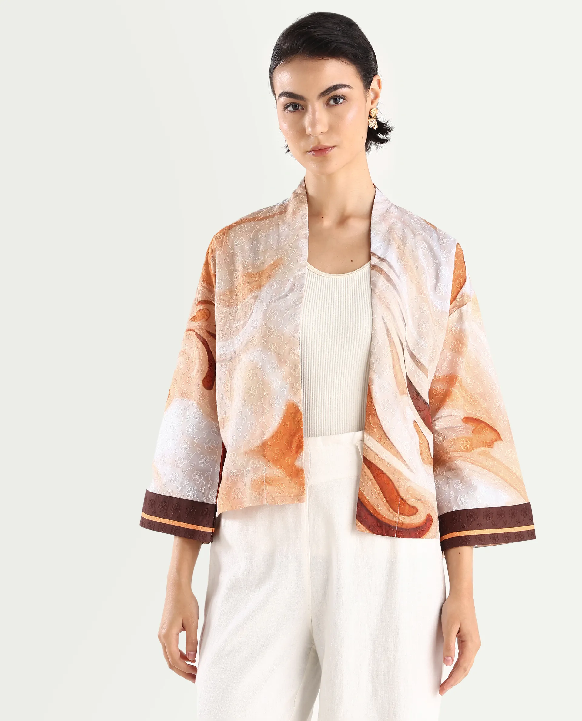 Rareism Women's Modena Light Brown Cotton Shawl Collar Abstract Print Bell Sleeve Crop Regular Fit Top - Image 3