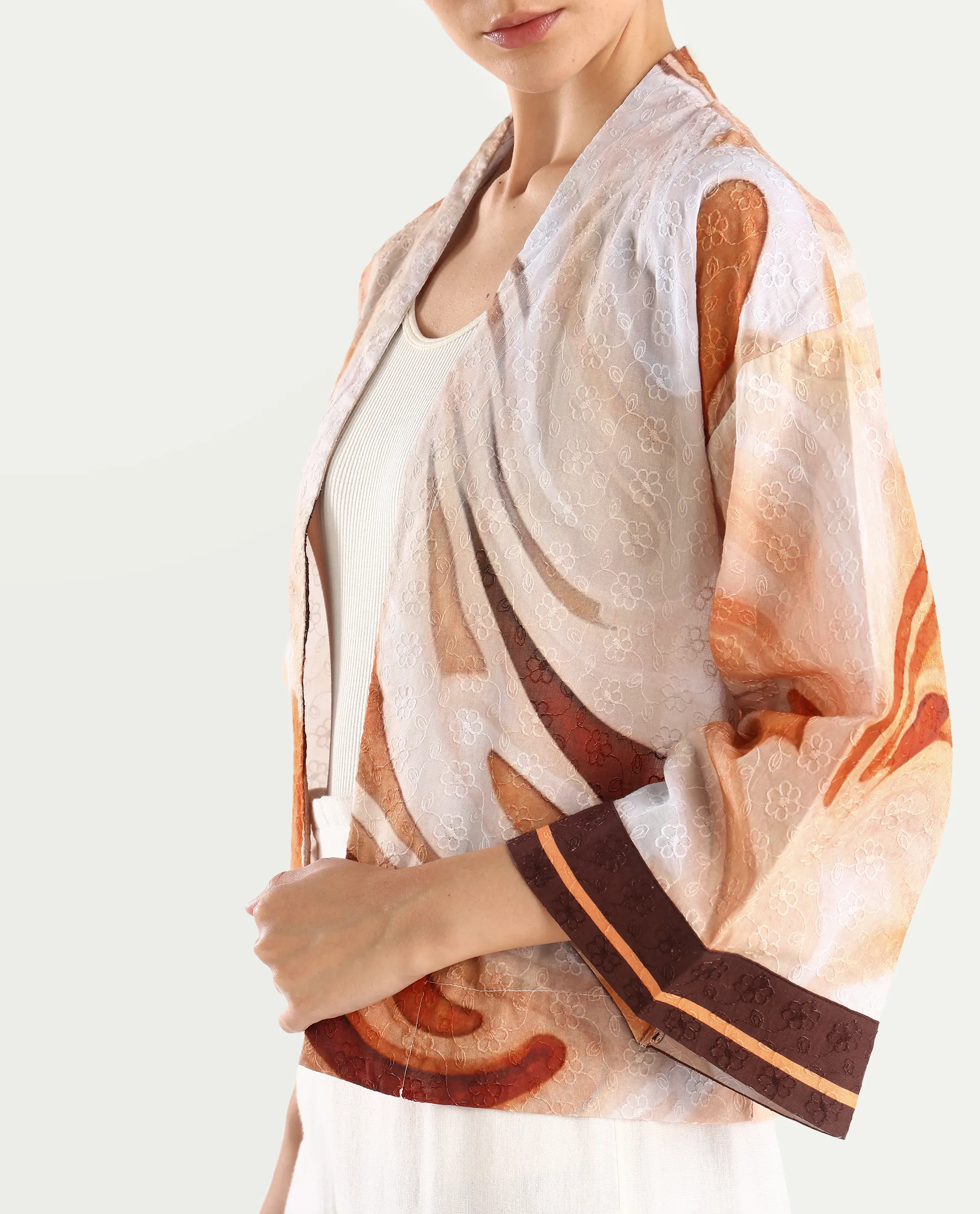 Rareism Women's Modena Light Brown Cotton Shawl Collar Abstract Print Bell Sleeve Crop Regular Fit Top - Image 4