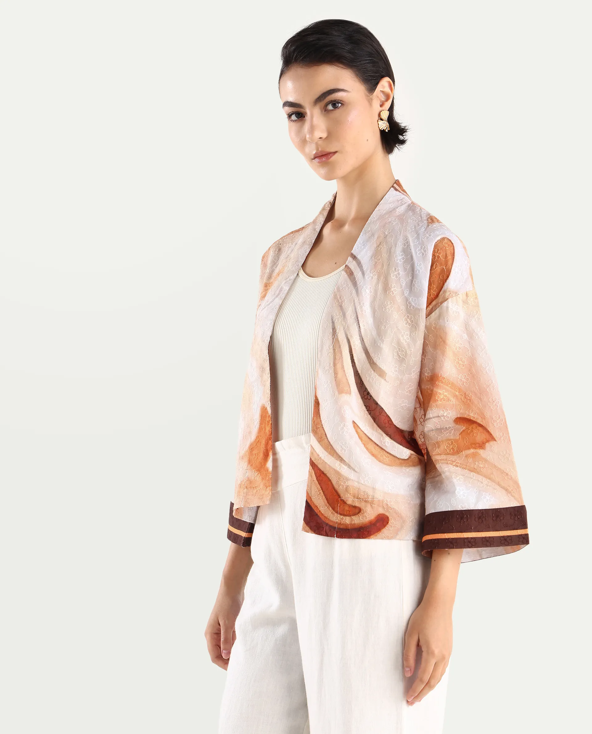 Rareism Women's Modena Light Brown Cotton Shawl Collar Abstract Print Bell Sleeve Crop Regular Fit Top - Image 5
