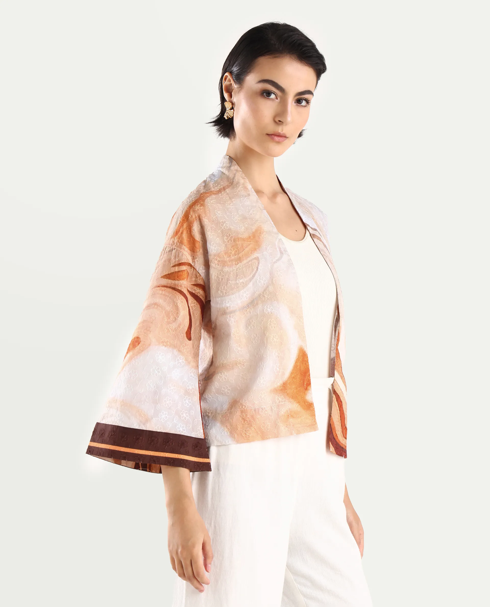 Rareism Women's Modena Light Brown Cotton Shawl Collar Abstract Print Bell Sleeve Crop Regular Fit Top - Image 6