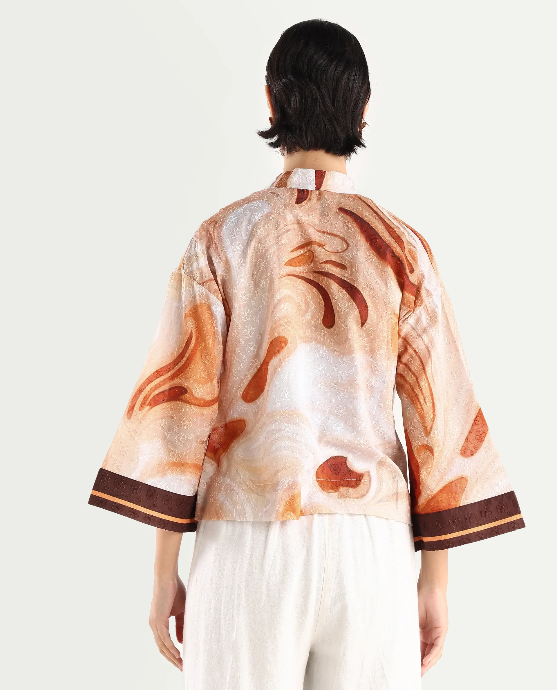 Rareism Women's Modena Light Brown Cotton Shawl Collar Abstract Print Bell Sleeve Crop Regular Fit Top - Image 7