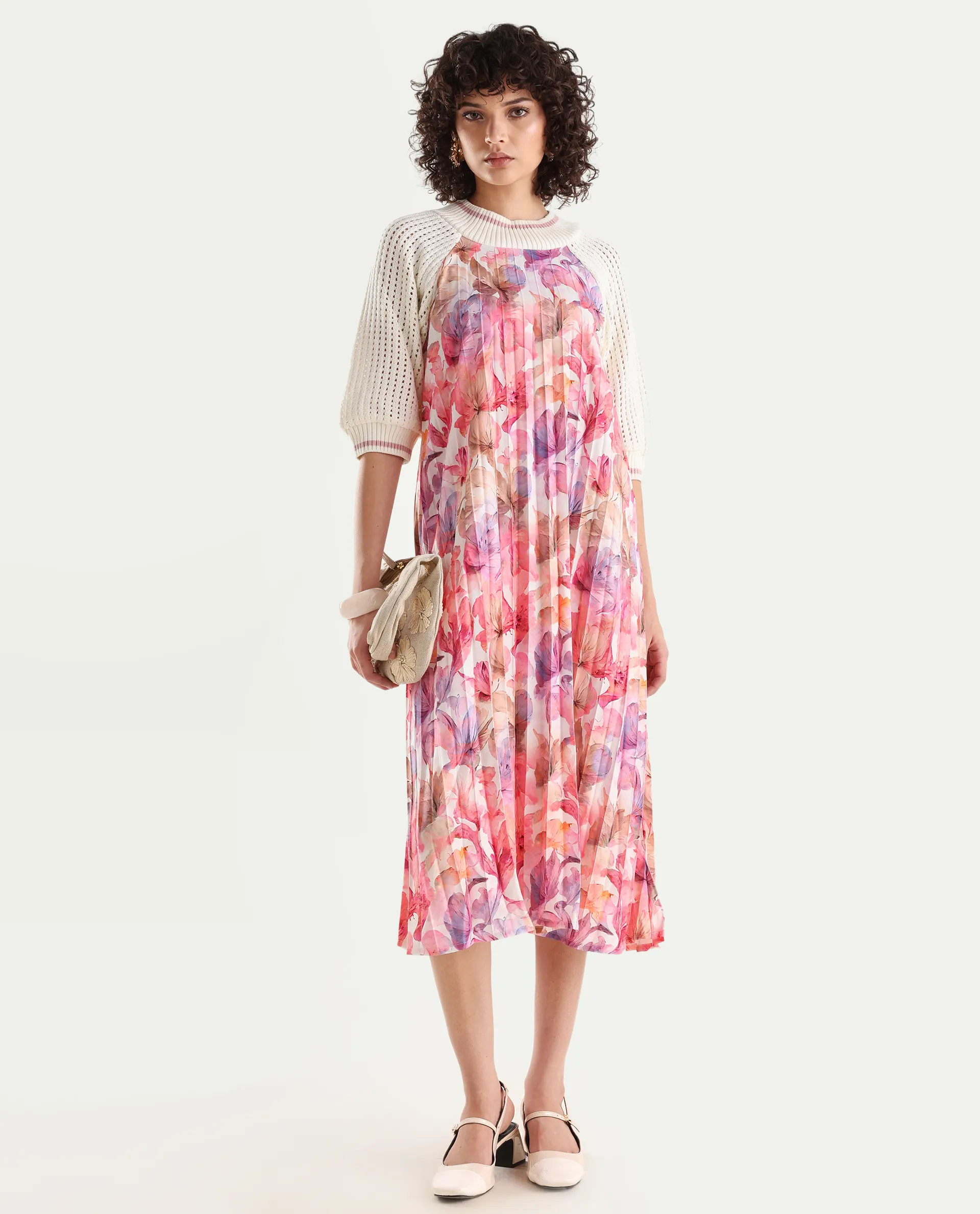 Rareism Women's Modenl Light Multi Satin Ribbed Collar Floral Print Raglan Sleeve Midi Flared Dress - Image 2