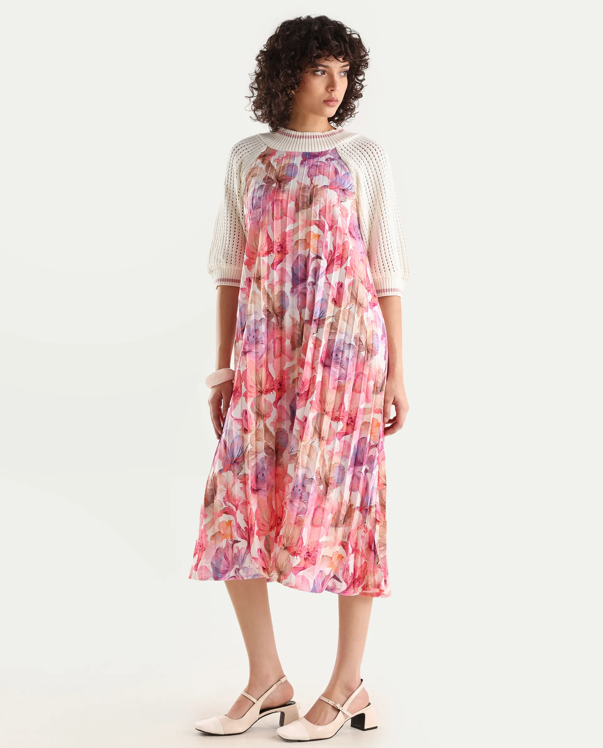 Rareism Women's Modenl Light Multi Satin Ribbed Collar Floral Print Raglan Sleeve Midi Flared Dress - Image 3