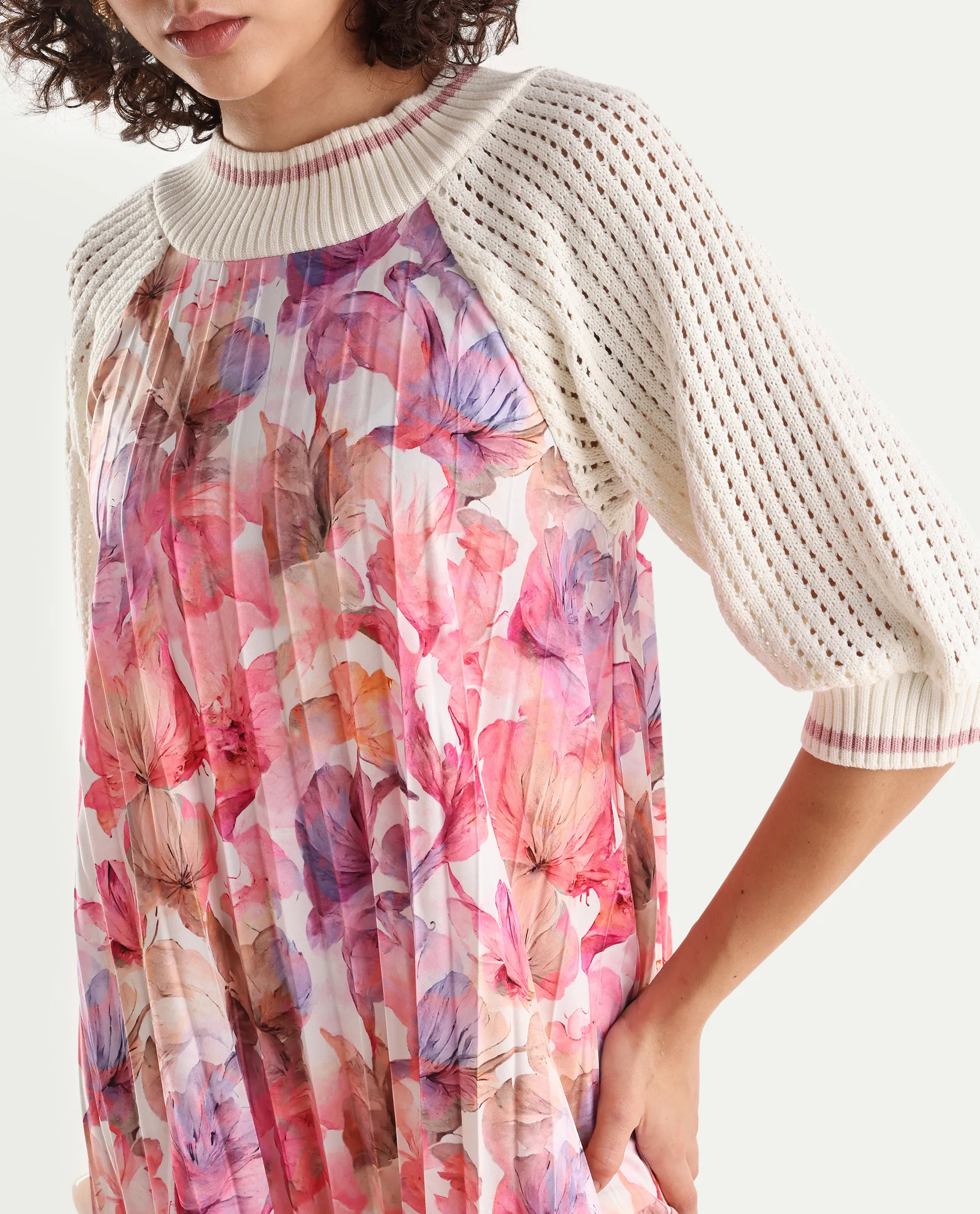 Rareism Women's Modenl Light Multi Satin Ribbed Collar Floral Print Raglan Sleeve Midi Flared Dress - Image 4