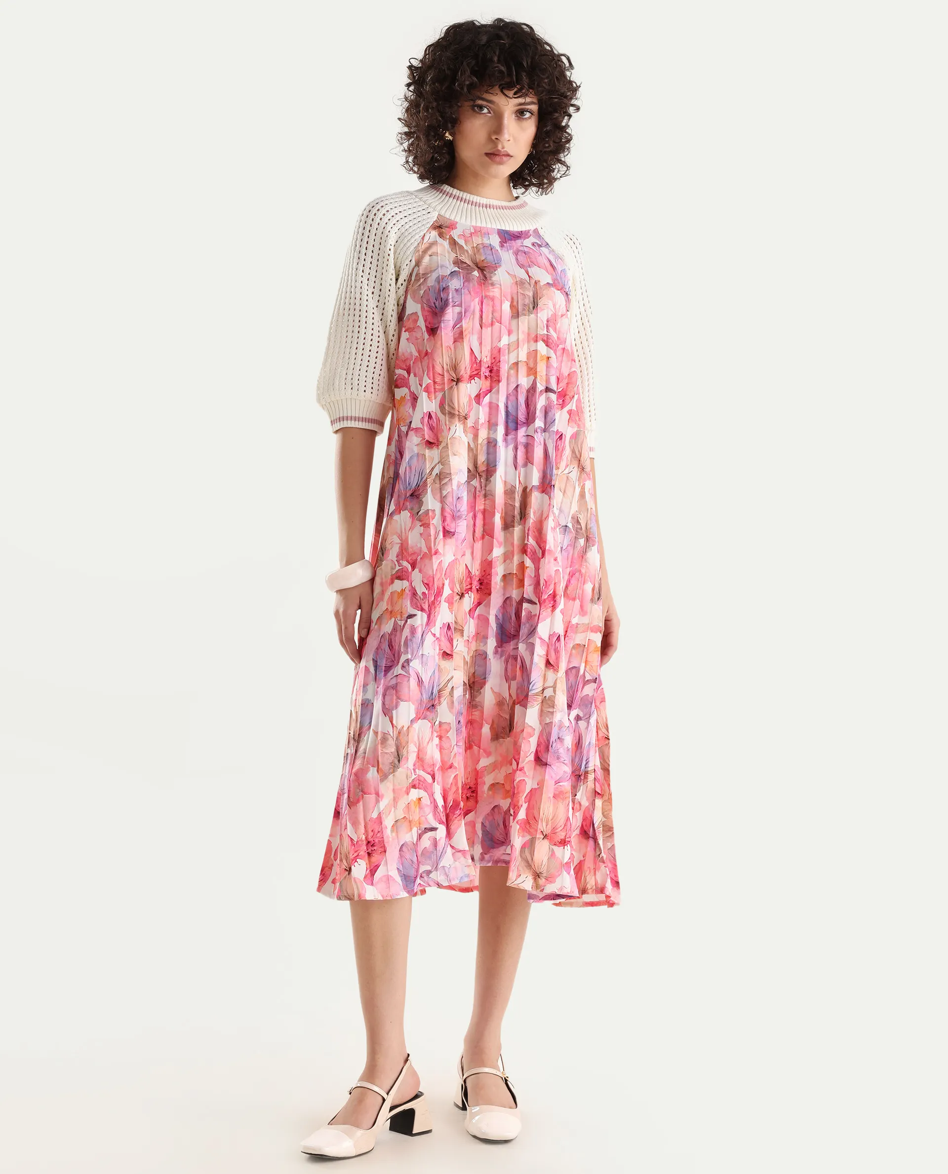 Rareism Women's Modenl Light Multi Satin Ribbed Collar Floral Print Raglan Sleeve Midi Flared Dress - Image 5