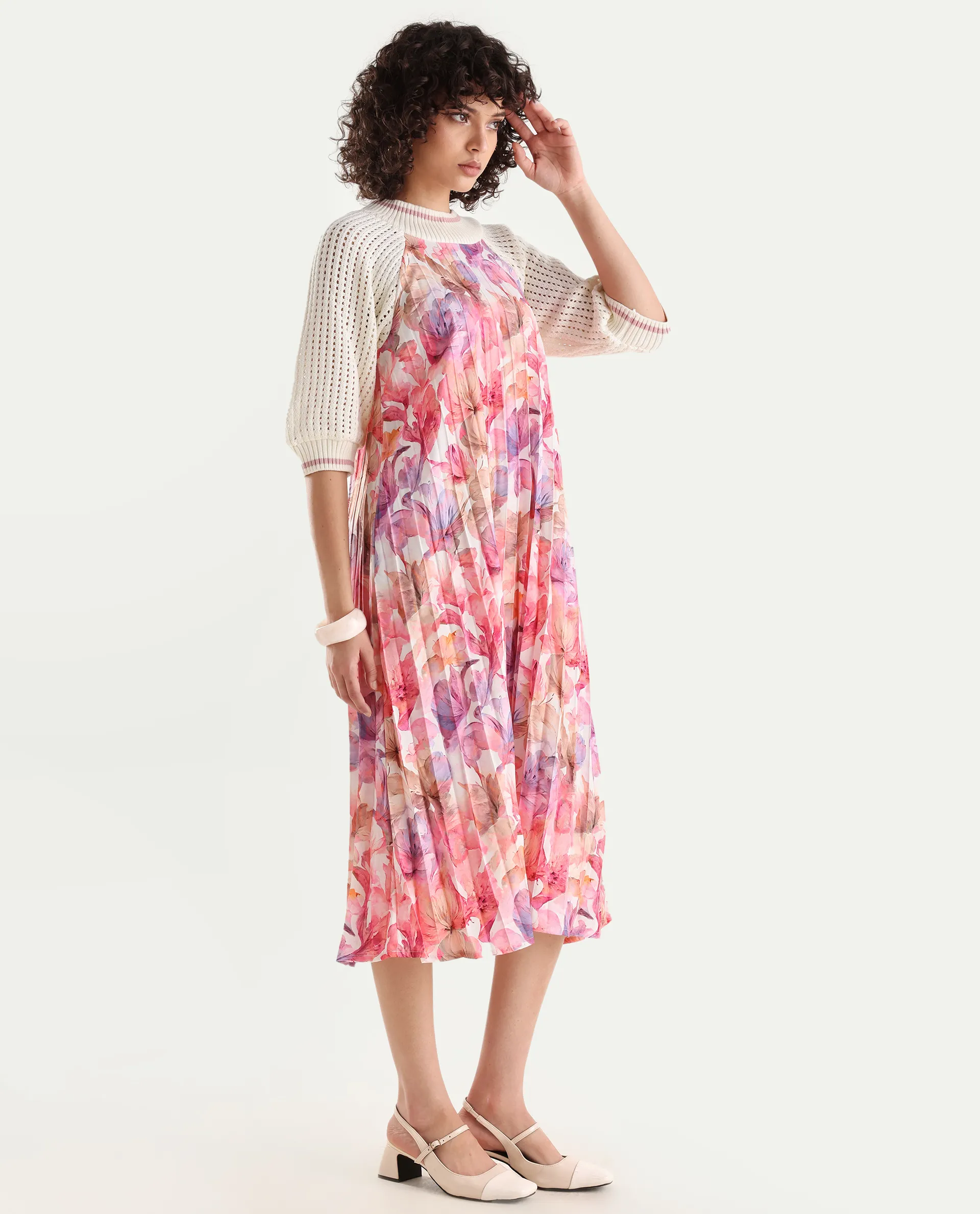 Rareism Women's Modenl Light Multi Satin Ribbed Collar Floral Print Raglan Sleeve Midi Flared Dress - Image 6