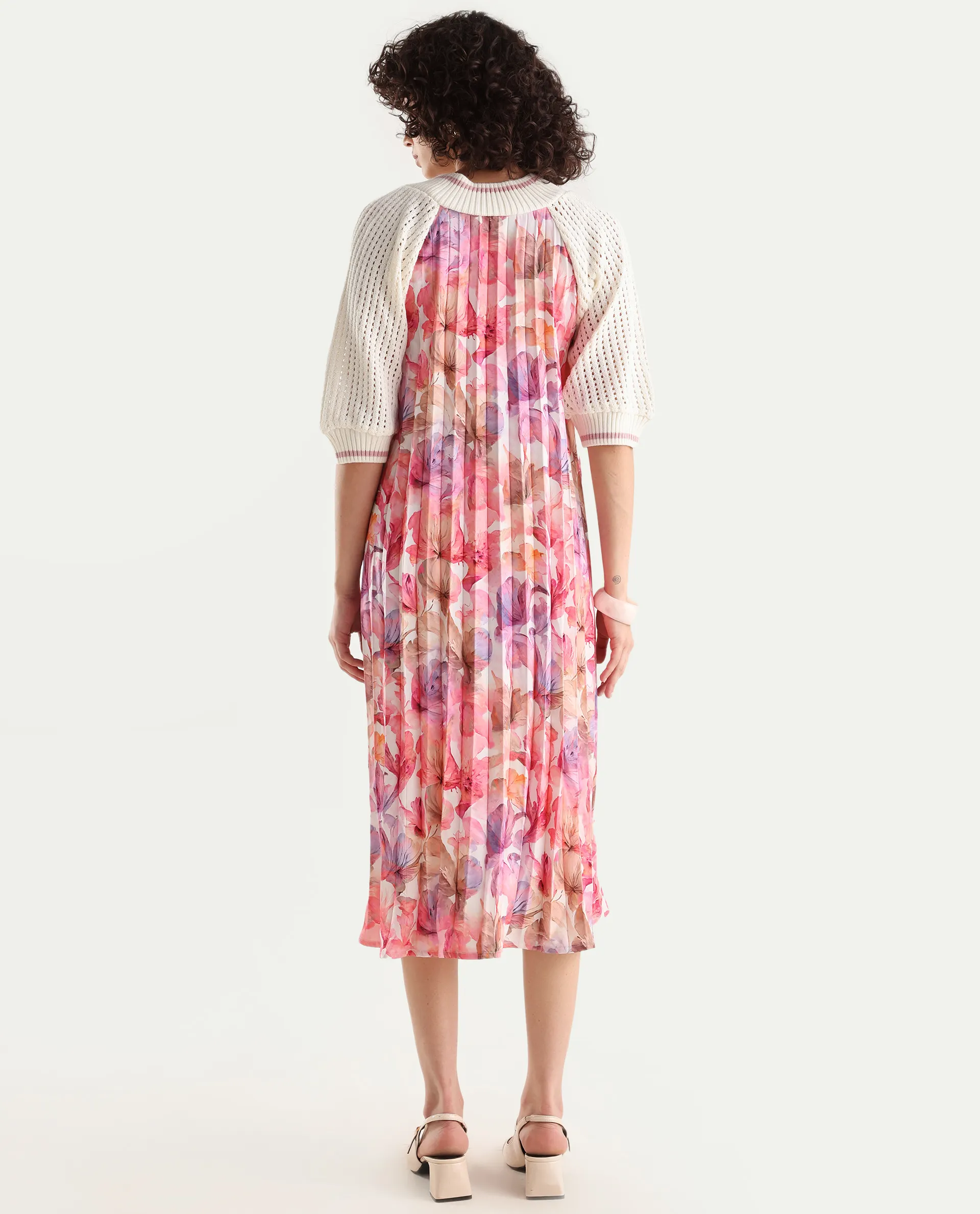 Rareism Women's Modenl Light Multi Satin Ribbed Collar Floral Print Raglan Sleeve Midi Flared Dress - Image 7