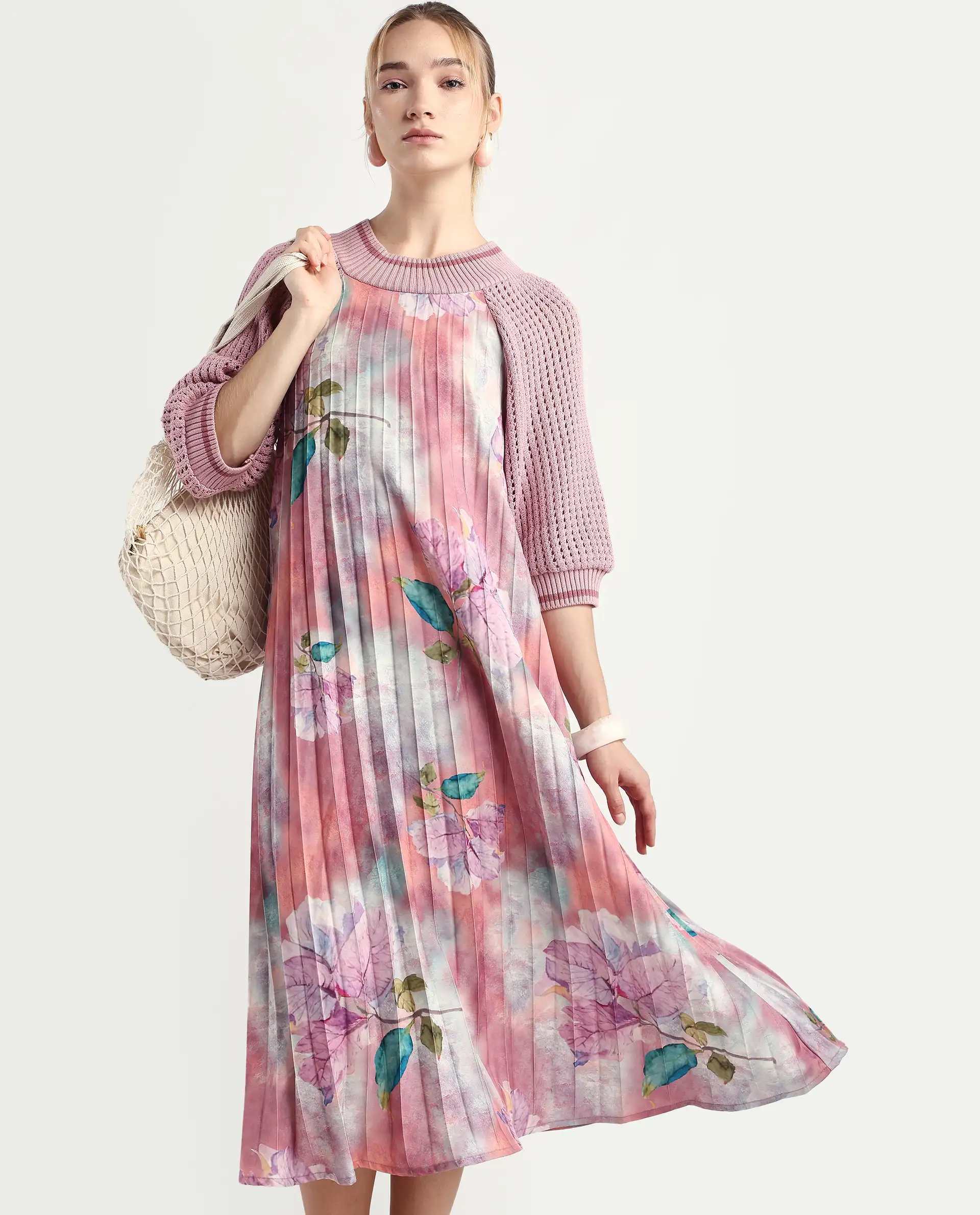 Rareism Women's Modley Multi Polyester Ribbed Collar Floral Print Raglan Sleeve Midi Flared Dress - Image 2