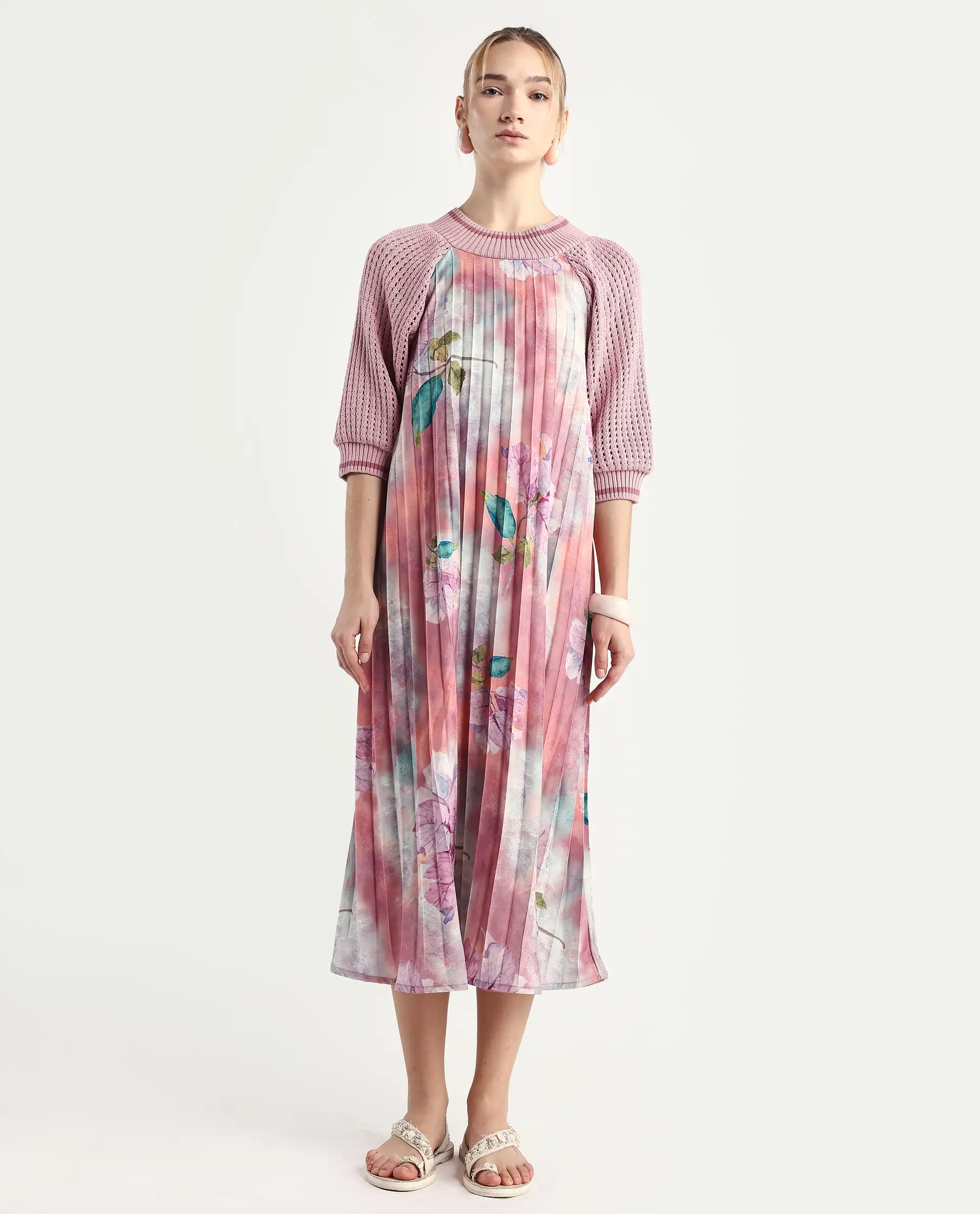 Rareism Women's Modley Multi Polyester Ribbed Collar Floral Print Raglan Sleeve Midi Flared Dress - Image 3