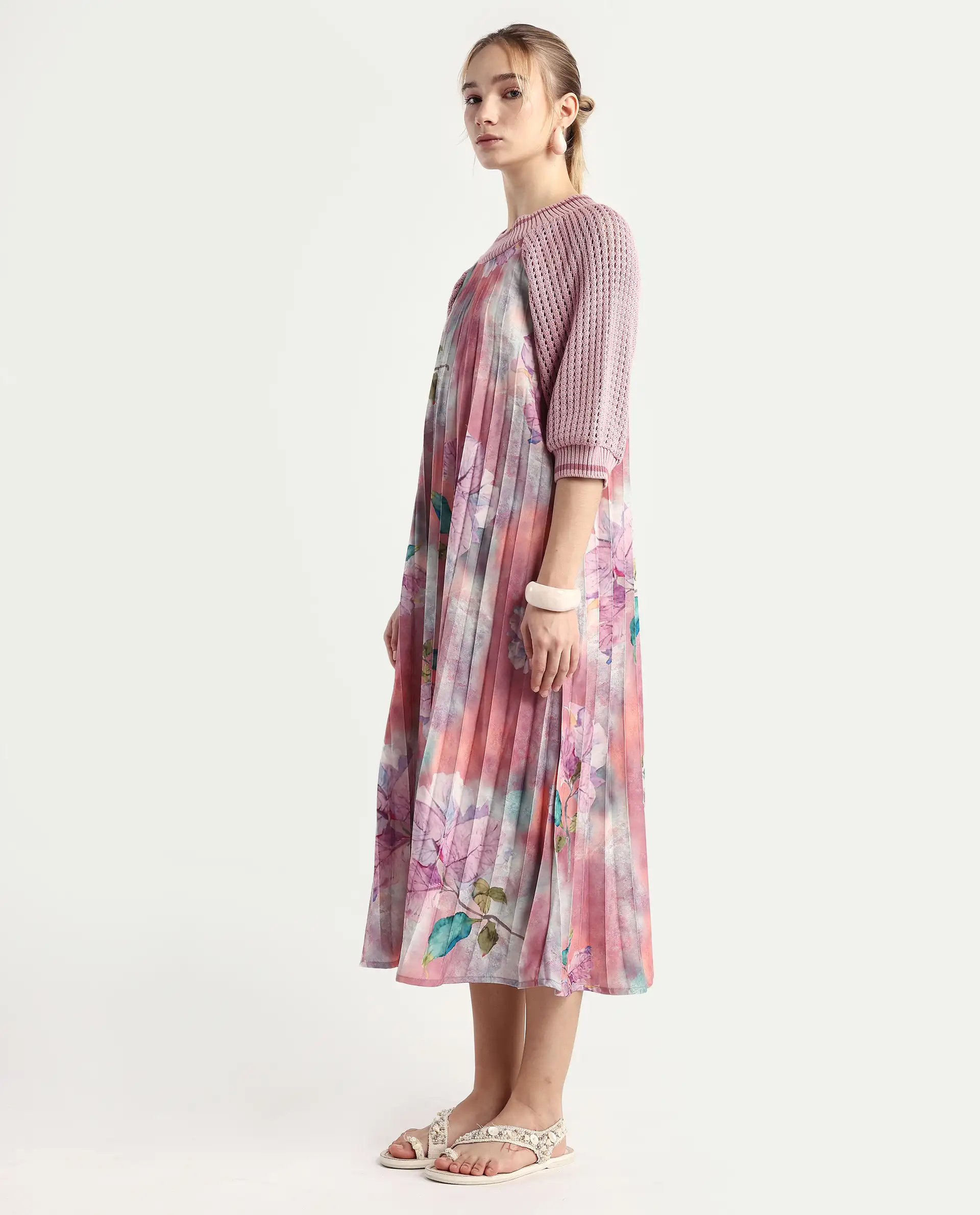Rareism Women's Modley Multi Polyester Ribbed Collar Floral Print Raglan Sleeve Midi Flared Dress - Image 5