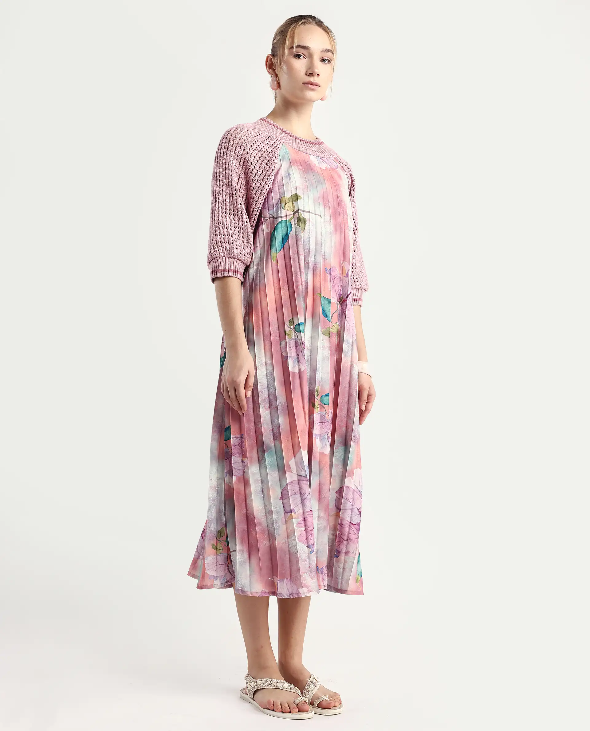 Rareism Women's Modley Multi Polyester Ribbed Collar Floral Print Raglan Sleeve Midi Flared Dress - Image 6