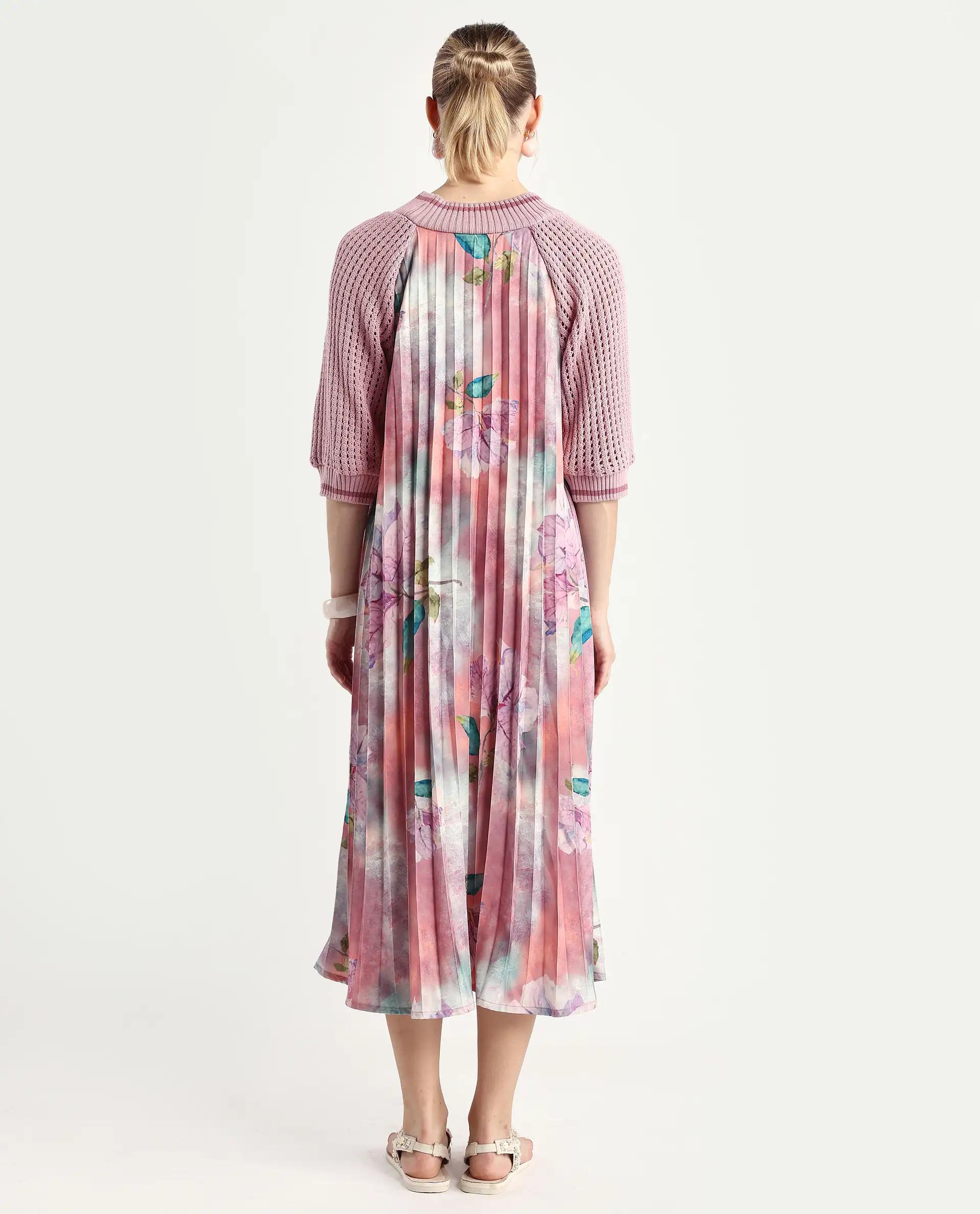 Rareism Women's Modley Multi Polyester Ribbed Collar Floral Print Raglan Sleeve Midi Flared Dress - Image 7