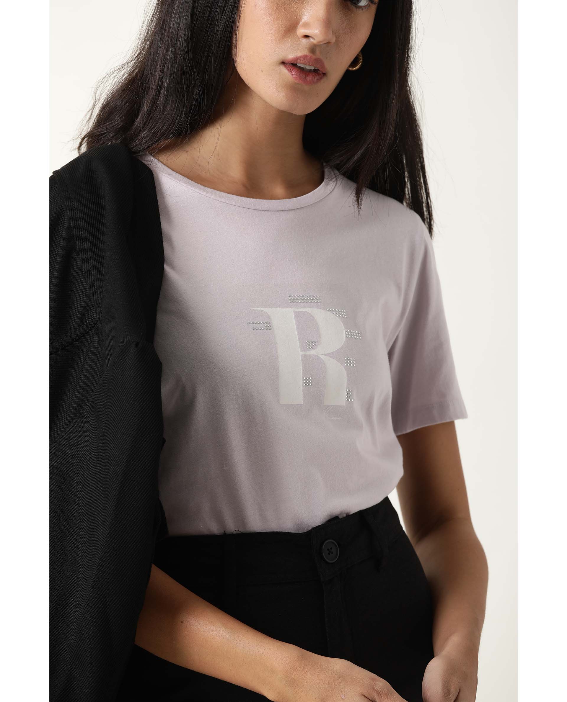 Rareism Women's Moes Purple Cotton Crew Neck Graphic Print Regular Fit T-Shirt