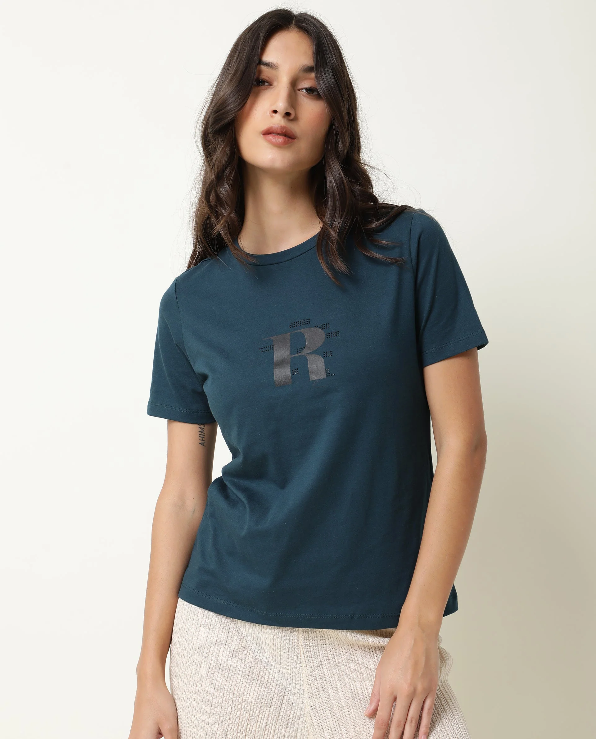 Rareism Women's Moes Petrol Cotton Crew Neck Graphic Print Regular Fit T-Shirt