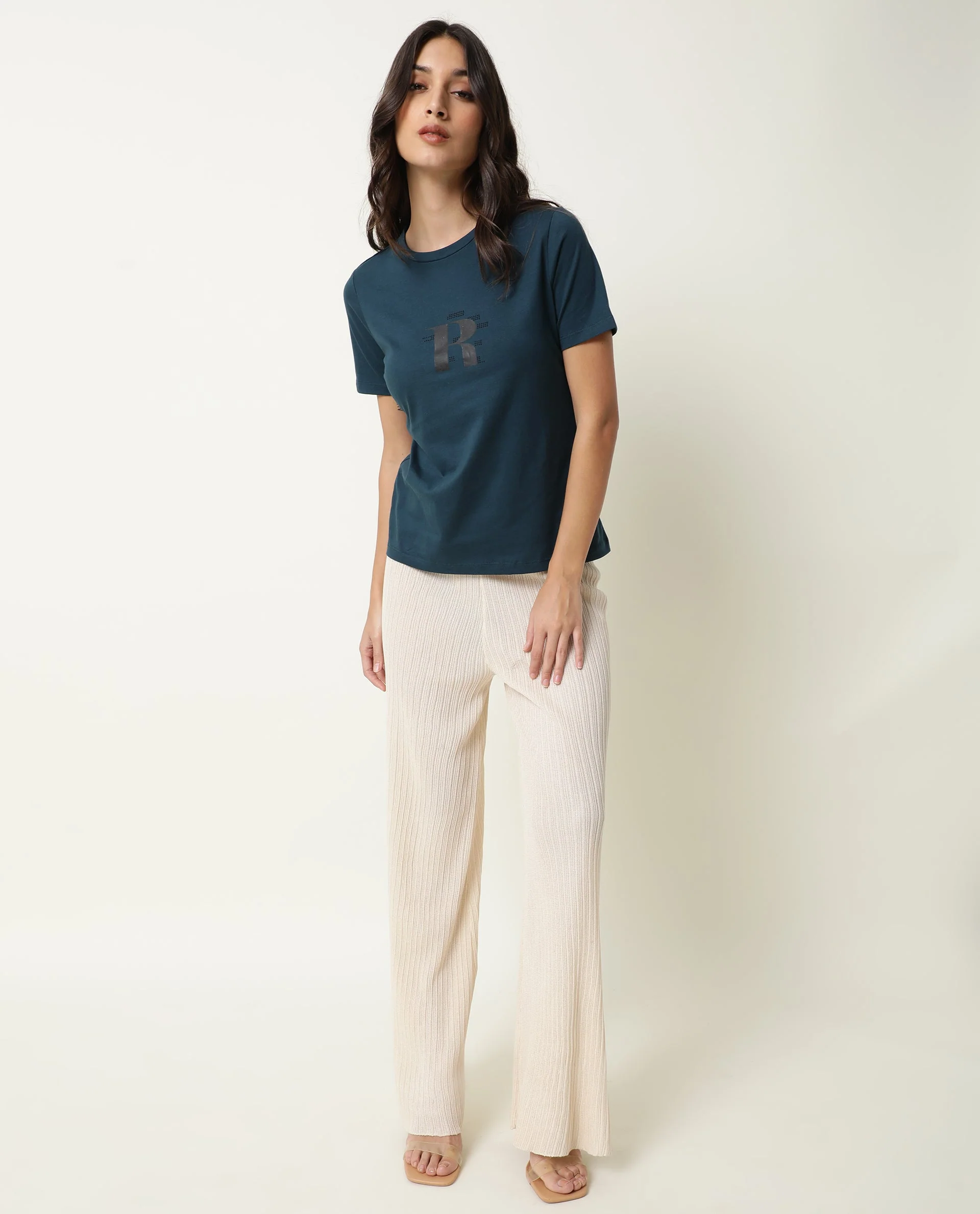Rareism Women's Moes Petrol Cotton Crew Neck Graphic Print Regular Fit T-Shirt - Image 2