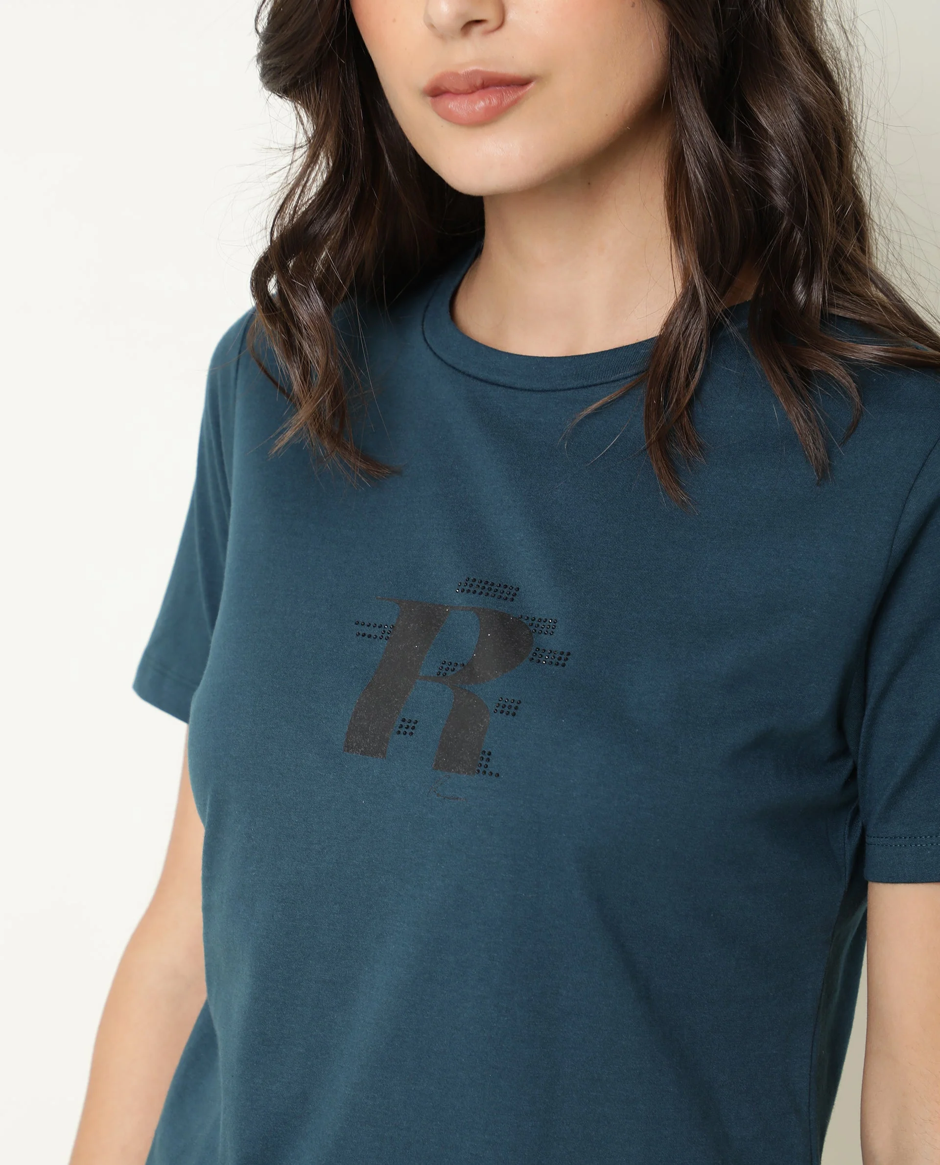 Rareism Women's Moes Petrol Cotton Crew Neck Graphic Print Regular Fit T-Shirt - Image 3
