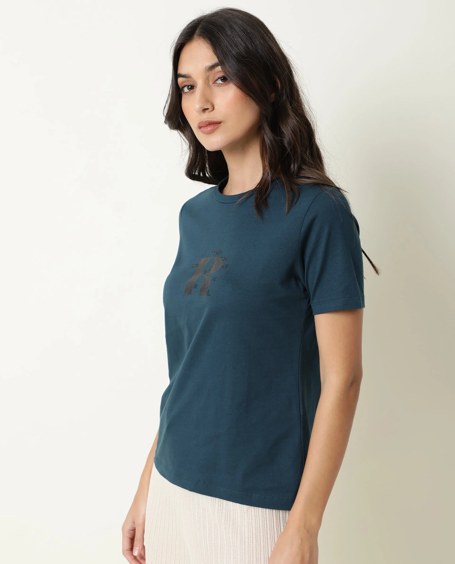 Rareism Women's Moes Petrol Cotton Crew Neck Graphic Print Regular Fit T-Shirt - Image 4