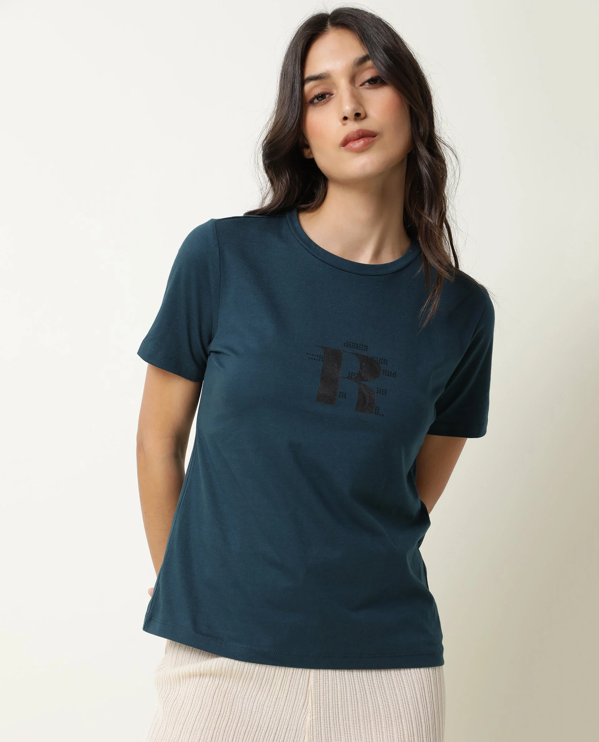 Rareism Women's Moes Petrol Cotton Crew Neck Graphic Print Regular Fit T-Shirt - Image 5