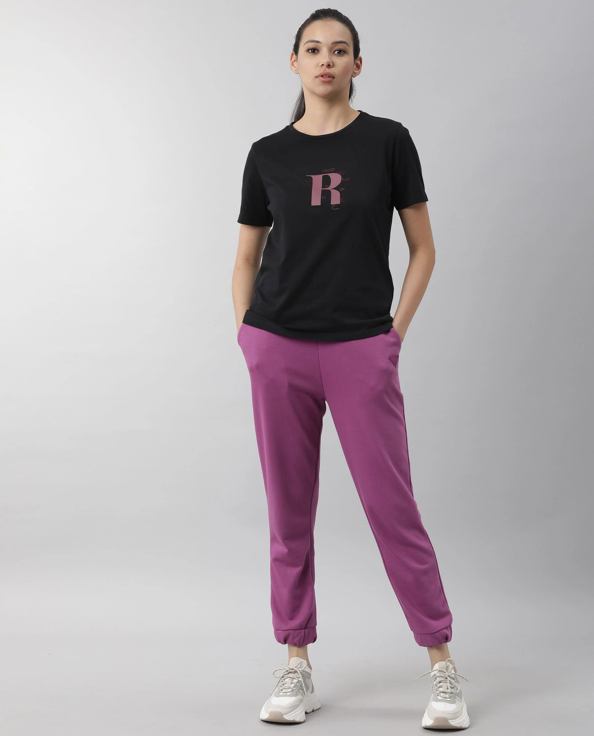 Rareism Women's Moes Black Cotton Crew Neck Geometric Print Regular Fit T-Shirt - Image 2