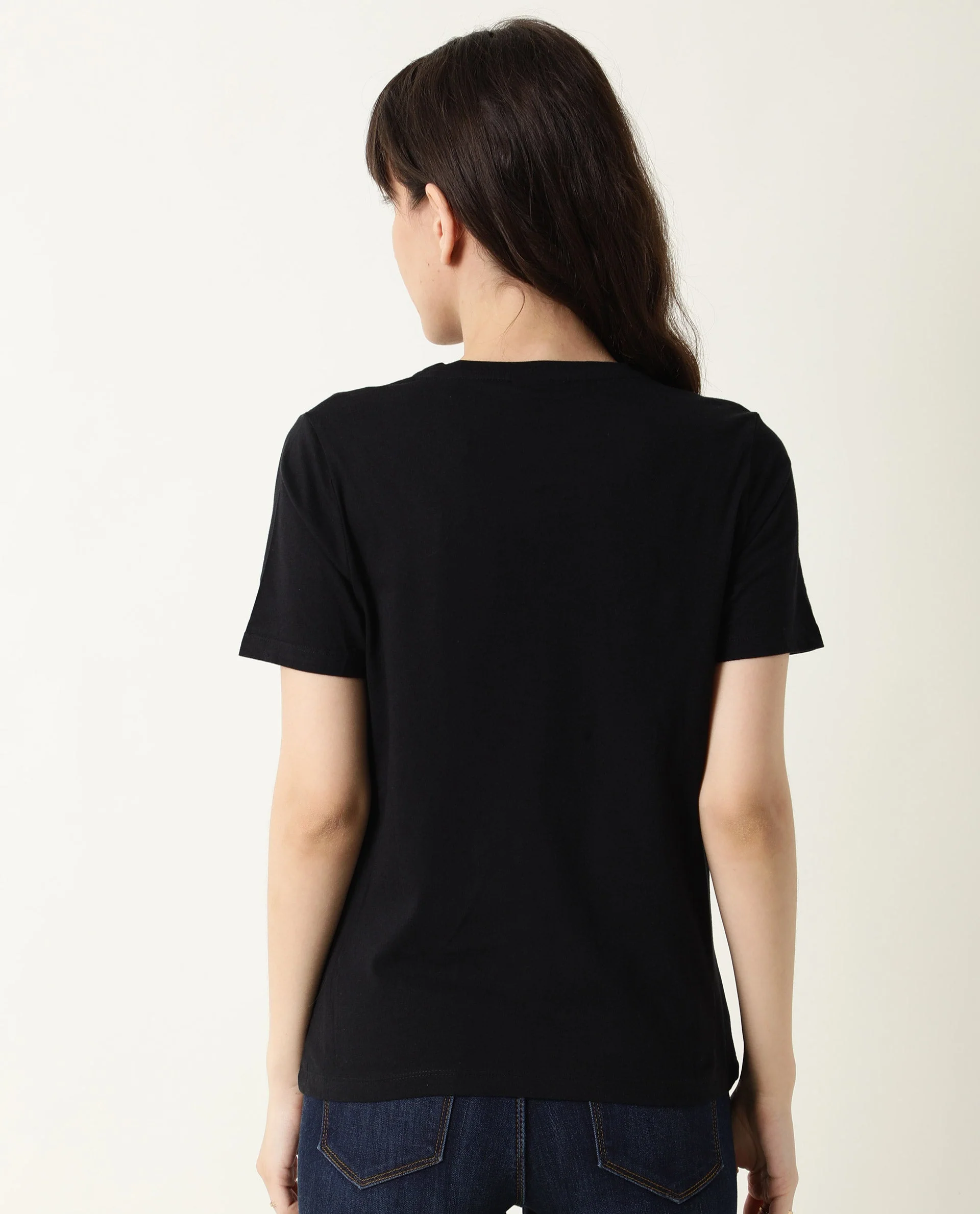 Rareism Women's Moes Black Cotton Crew Neck Geometric Print Regular Fit T-Shirt - Image 3