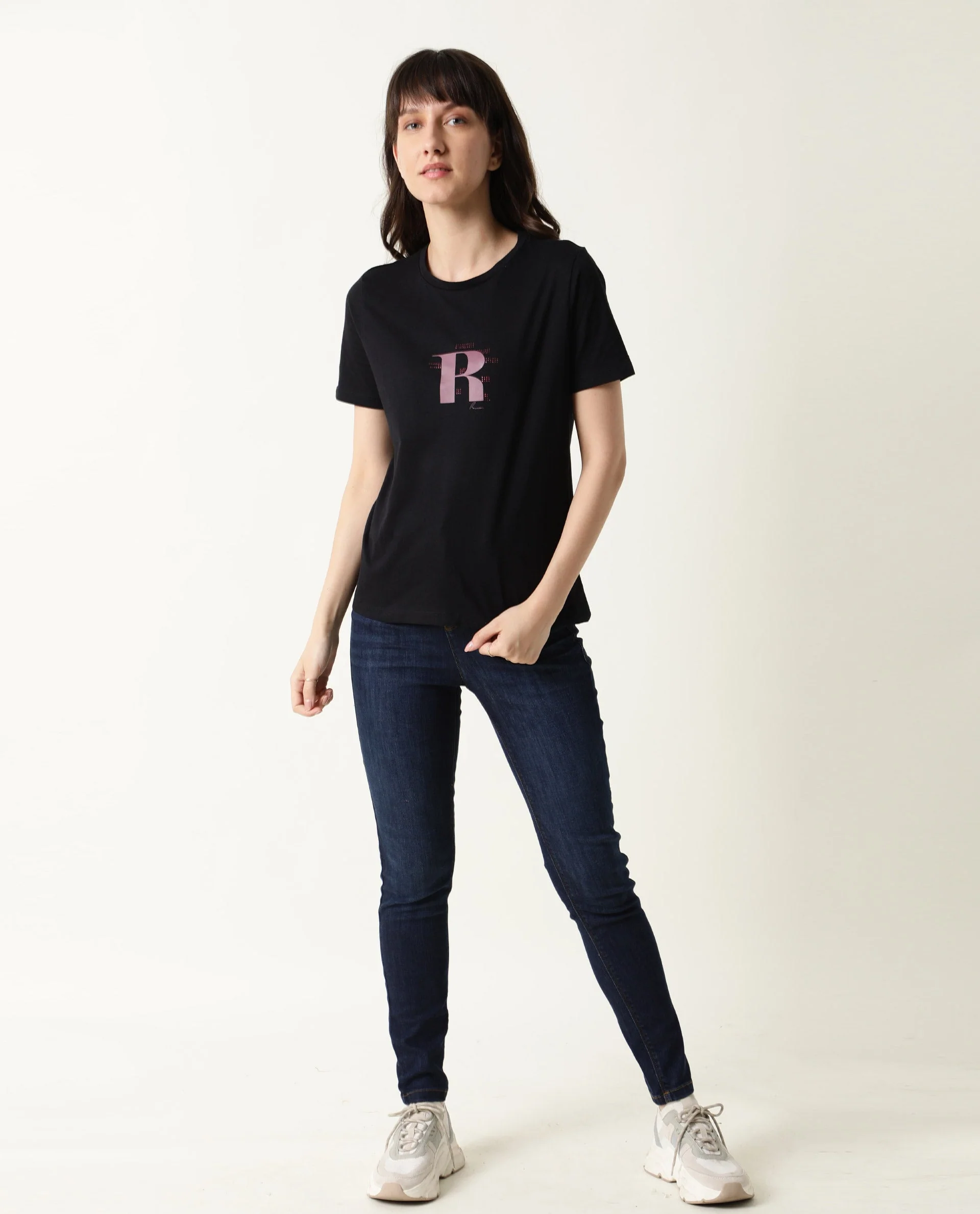 Rareism Women's Moes Black Cotton Crew Neck Geometric Print Regular Fit T-Shirt - Image 4