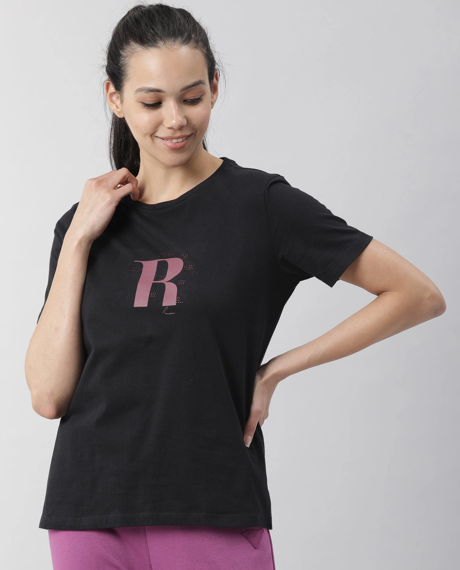 Rareism Women's Moes Black Cotton Crew Neck Geometric Print Regular Fit T-Shirt - Image 5