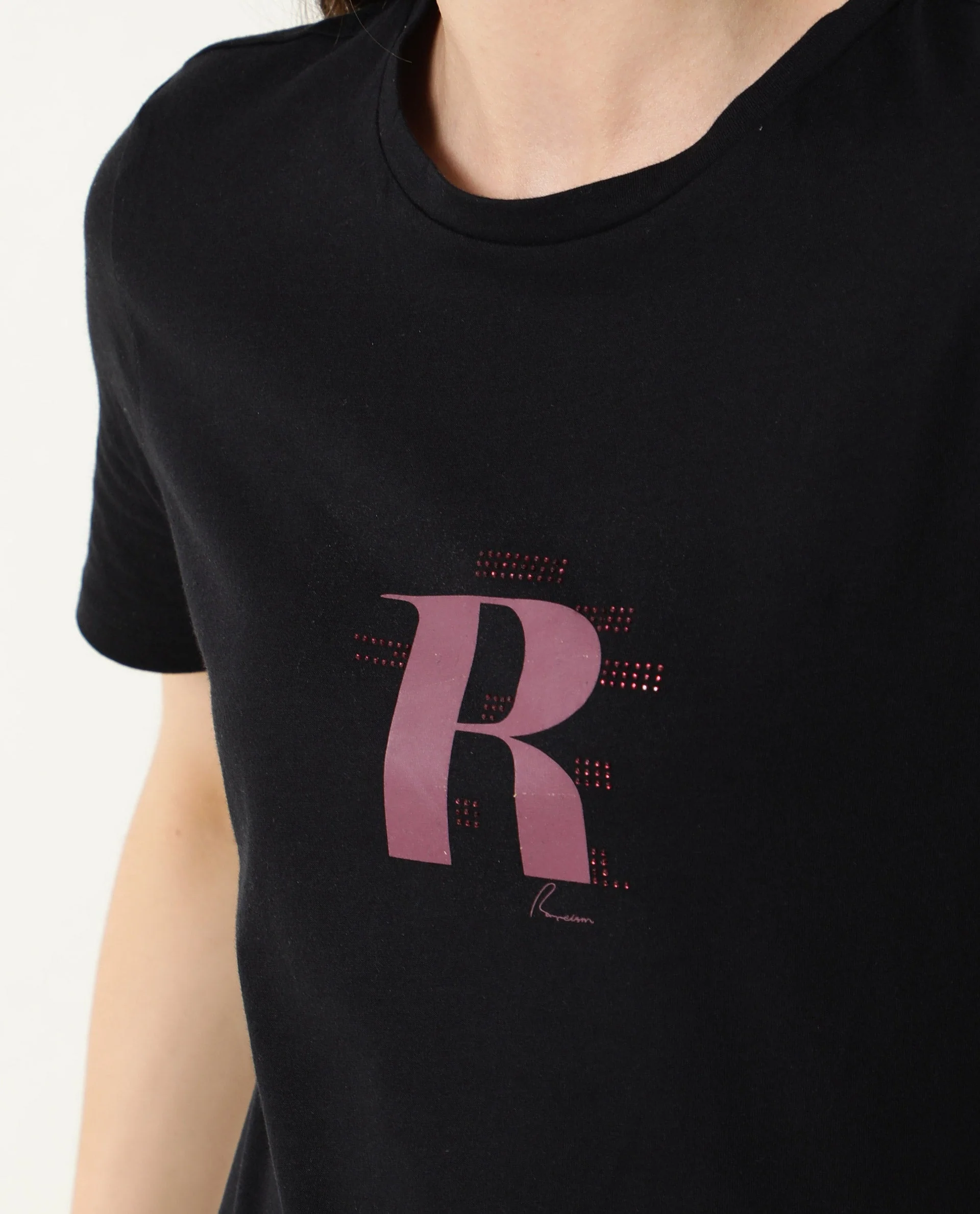 Rareism Women's Moes Black Cotton Crew Neck Geometric Print Regular Fit T-Shirt - Image 6