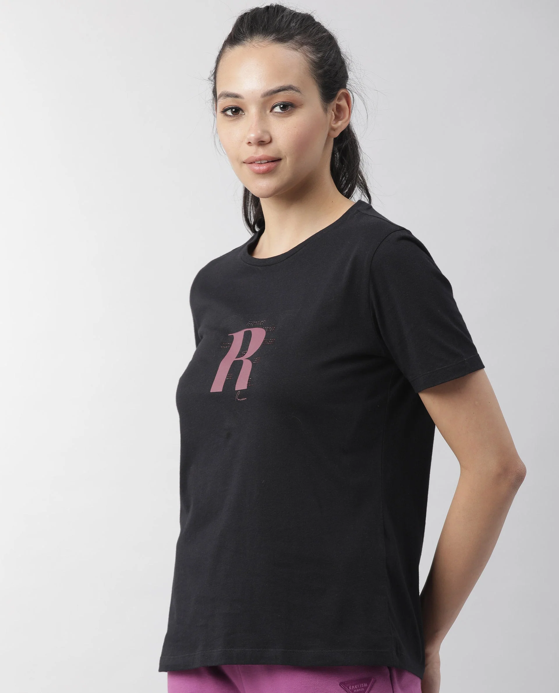 Rareism Women's Moes Black Cotton Crew Neck Geometric Print Regular Fit T-Shirt - Image 7