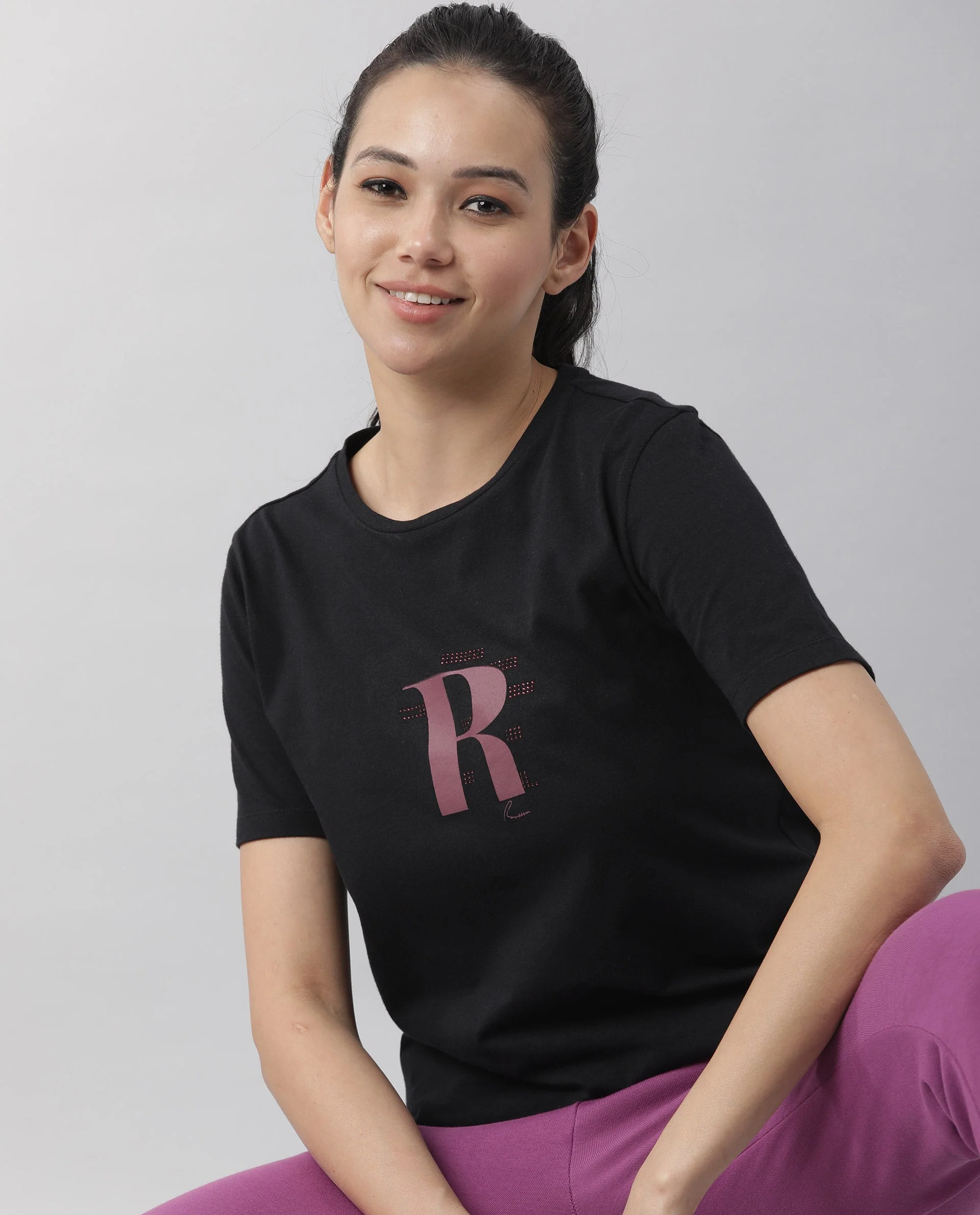 Rareism Women's Moes Black Cotton Crew Neck Geometric Print Regular Fit T-Shirt - Image 8