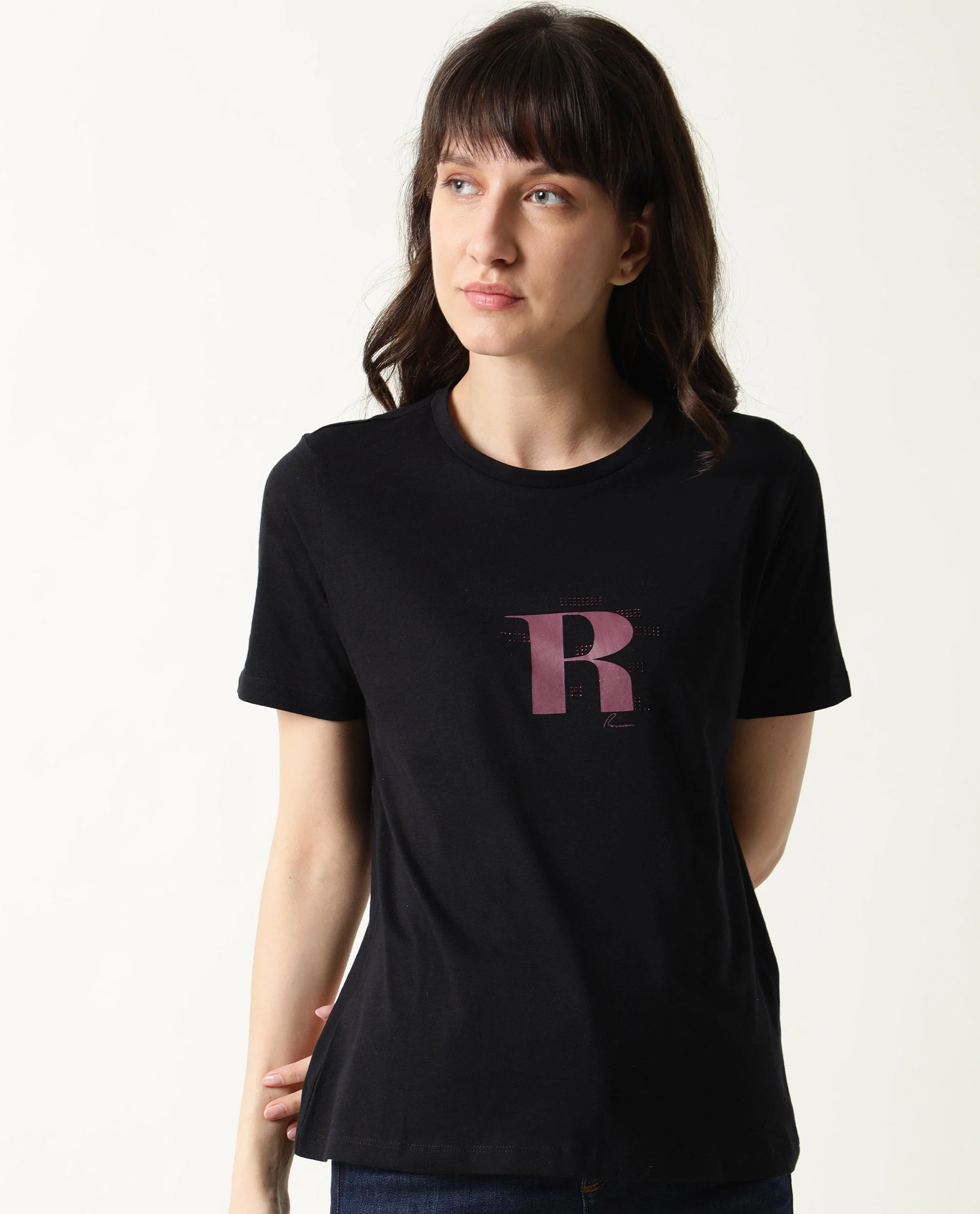 Rareism Women's Moes Black Cotton Crew Neck Geometric Print Regular Fit T-Shirt - Image 9