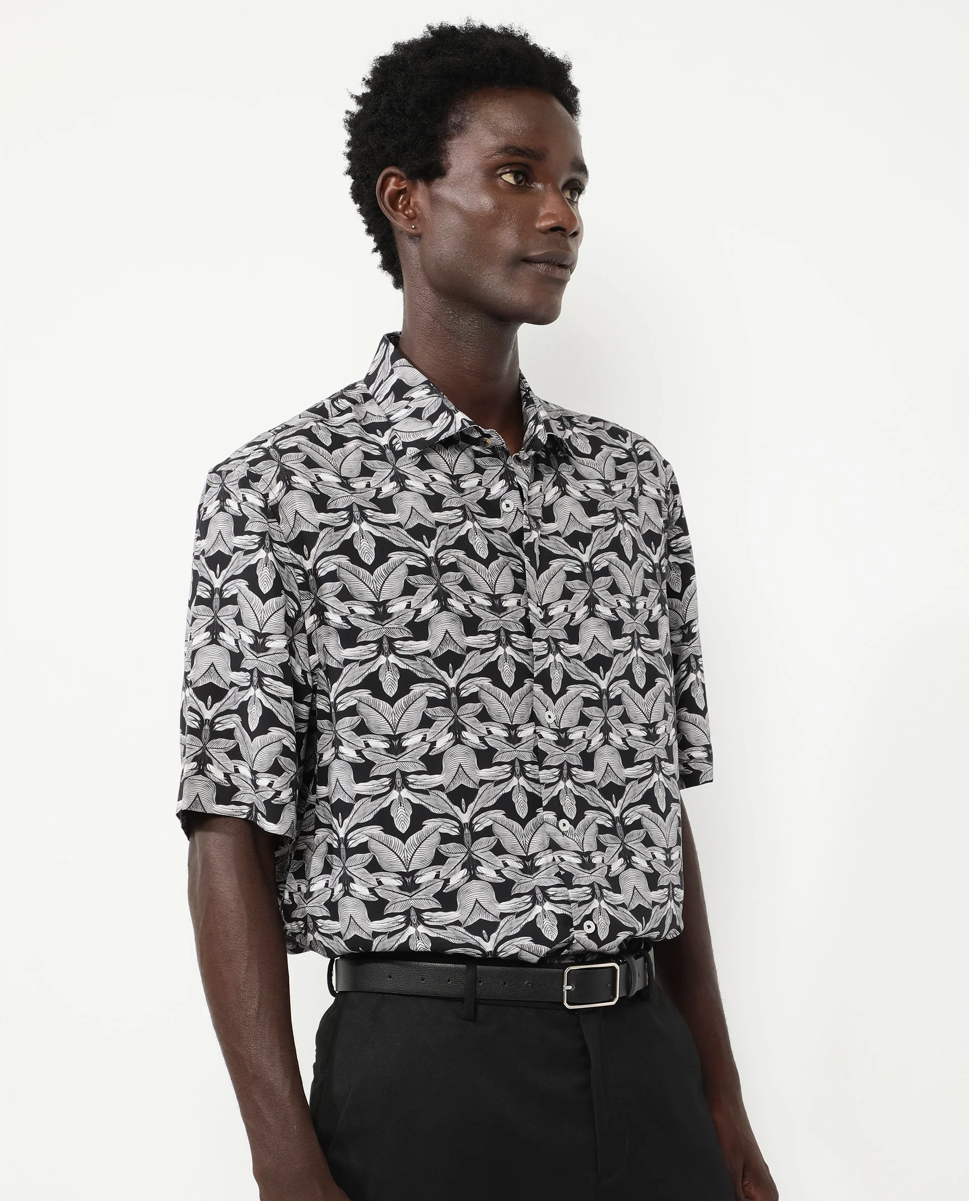 Rare Rabbit Men's Mogu Black Viscose Tropical Print Boxy Fit Half Sleeve Collared Shirt - Image 5
