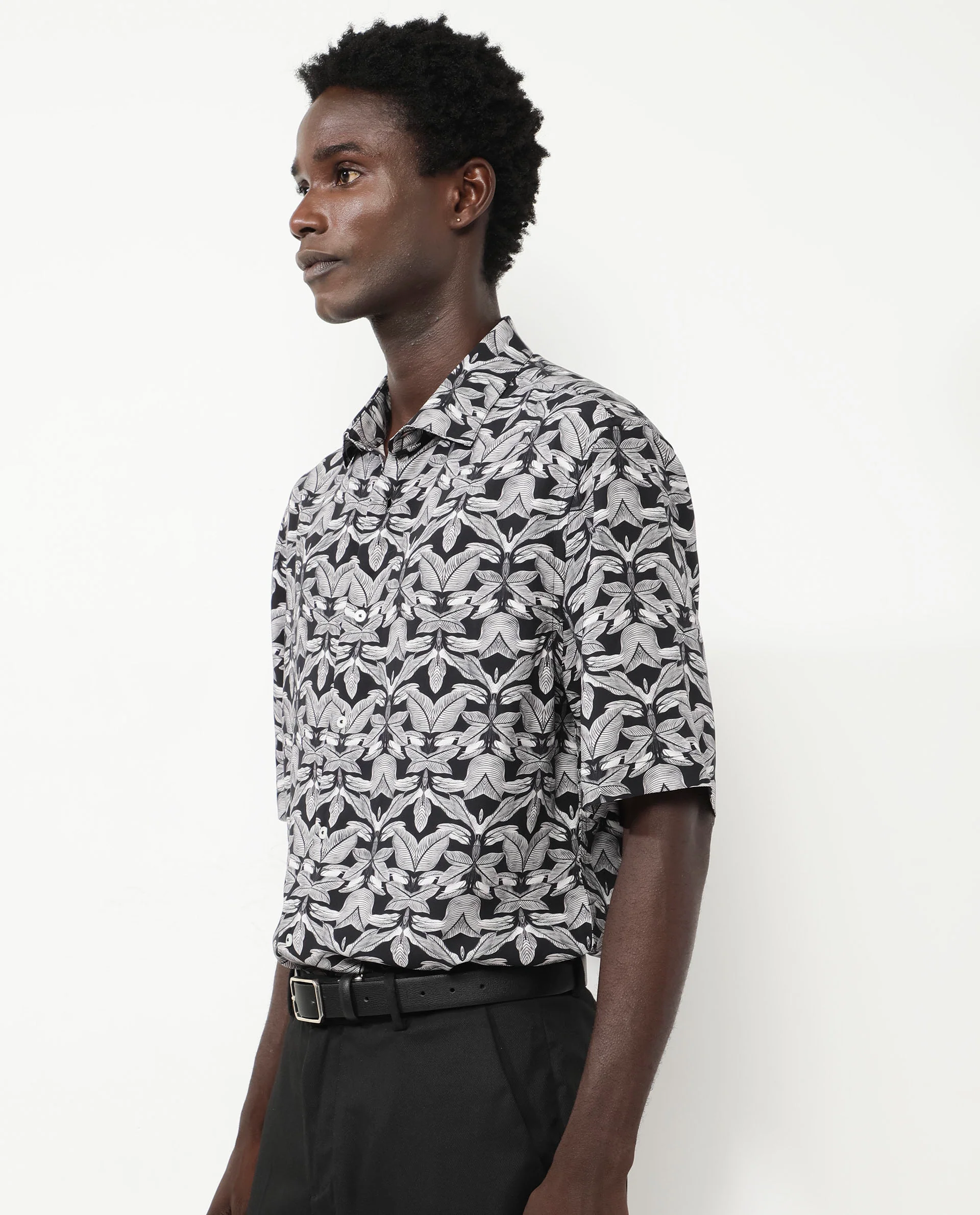 Rare Rabbit Men's Mogu Black Viscose Tropical Print Boxy Fit Half Sleeve Collared Shirt - Image 6